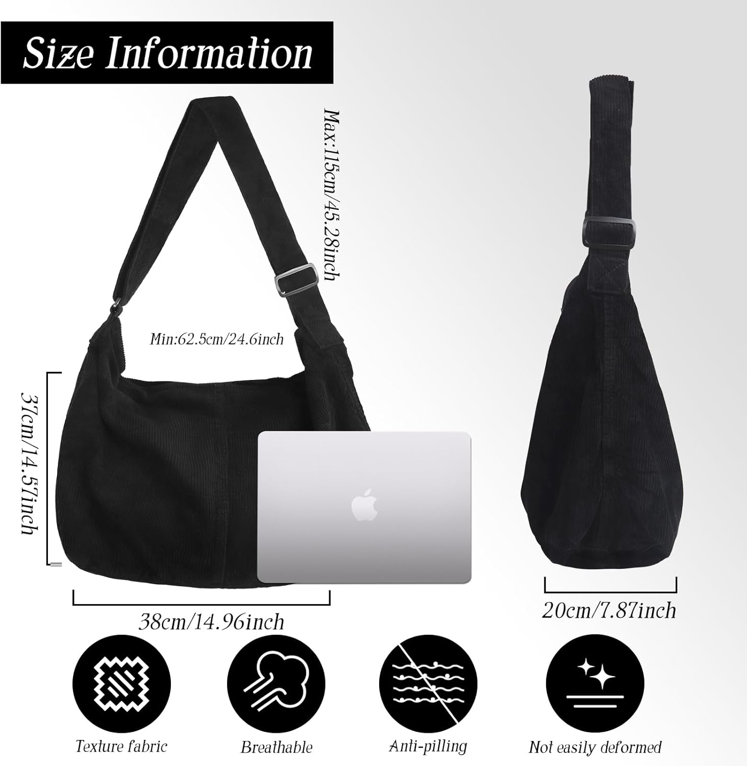 Oerphh Damen -Cord -Tasche, Umhängetasche, Cord -Tasche, Tasche mit Reißverschluss, großer Einkaufsbeutel, lässige Umhängetasche für den täglichen Gebrauch, Schule, Büro, Arbeit, – Bild 3