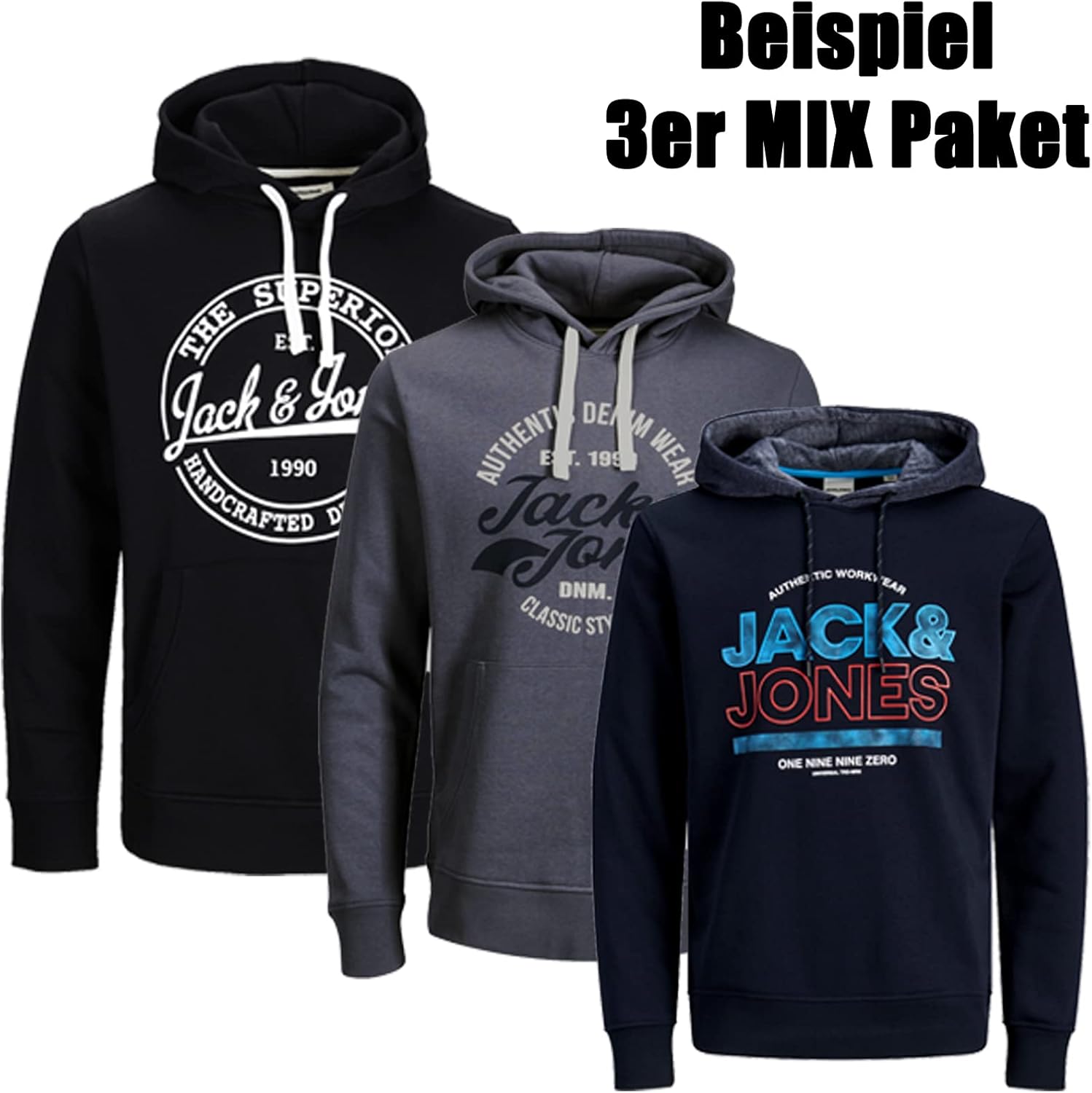 JACK & JONES Kapuzenpullover 3er Mix Pack Hoodie Fugu18 Sweat Shirt Herren Baumwollmix – Bild 4