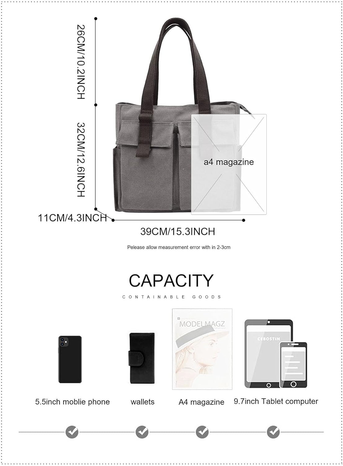 Frauenhandtasche, große Leinwand -Umhängetasche, Handtasche, Einkaufstasche, Käufer mit vielen Fächern, alltägliche Arbeit – Bild 4