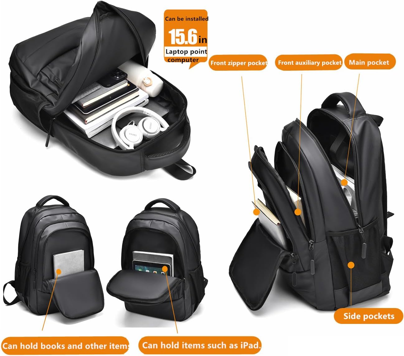 Wasserdichtes Rucksack, Rucksack mit großer Kapazität, Computerbeutel mit mehreren Fächern, Schul -Rucksack, lässige Daypack für Arbeit, Schule, Reisen, Schwarz – Bild 5