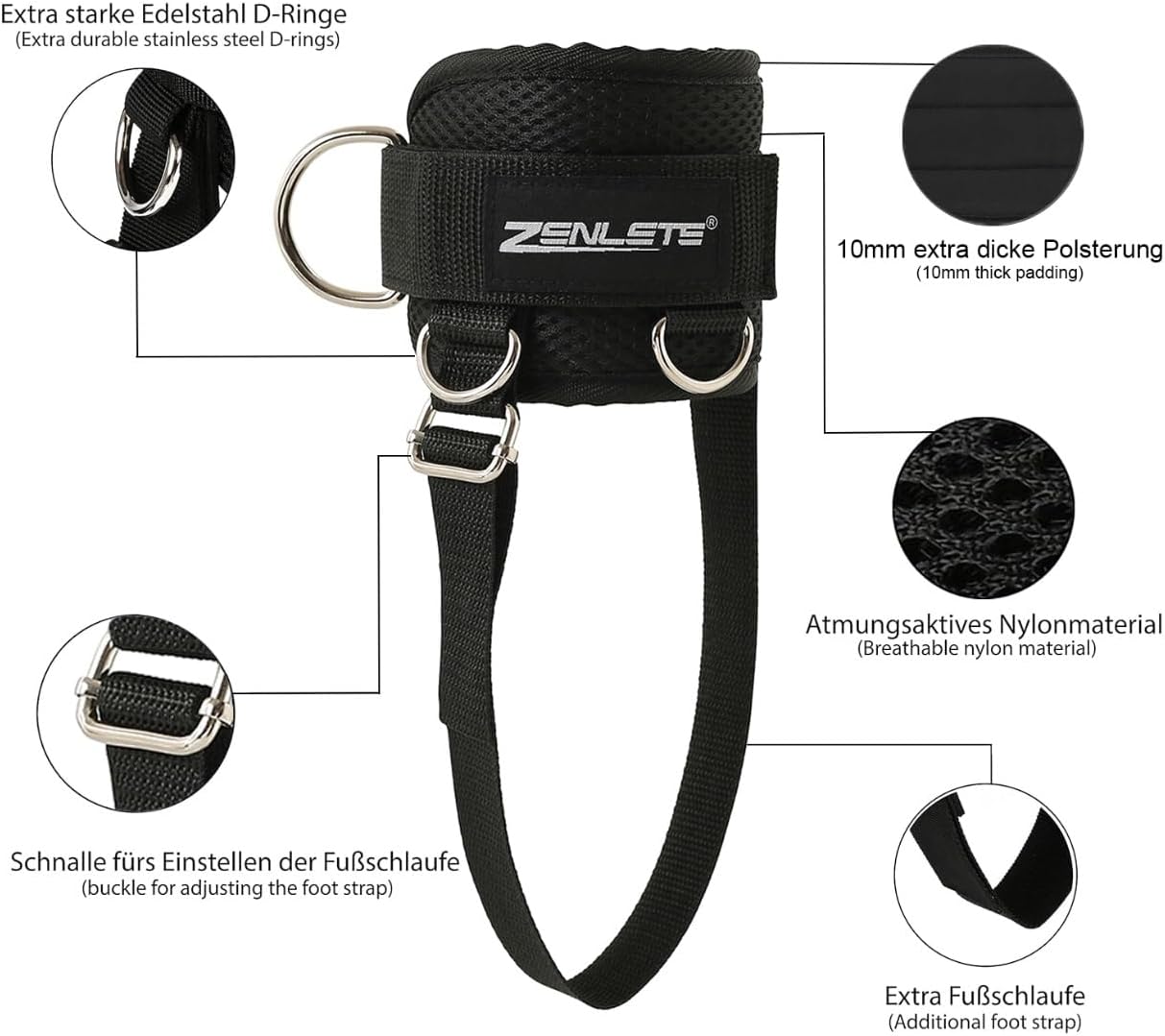 zenlete 2 Stück Fußschlaufen Kabelzug 5 D-Ringen und extra Band verstellbar für Frauen und Männer - Ankle Straps für Fitness Training Kickbacks – Bild 2