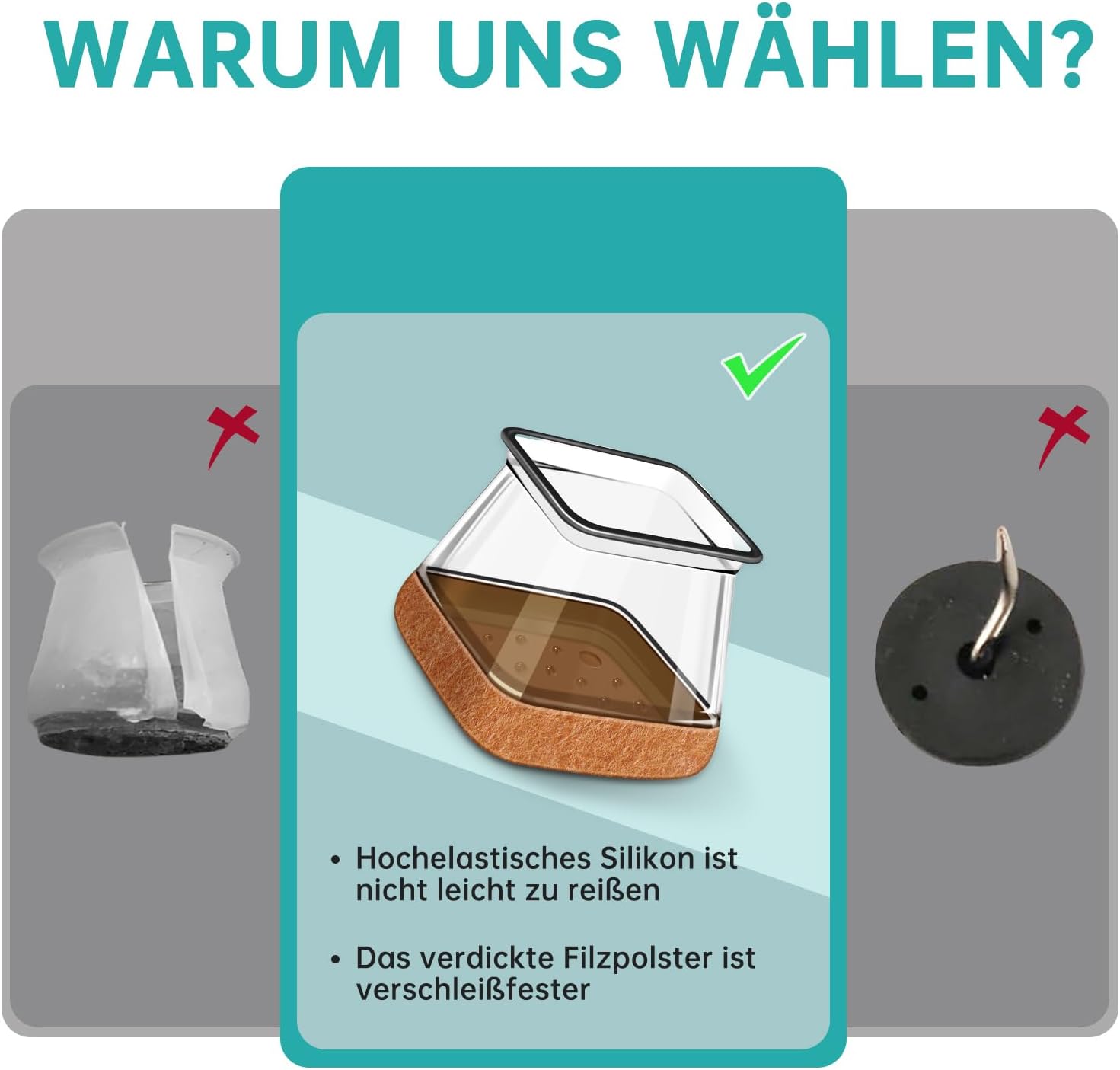 Square Stuhl Beinkappen, 32 Stücke, Bodenschutz für Stühle, Schutzkappen für Stuhlbeine mit Filz, transparenten Silikonstuhl -Beinschutz für Holzböden. – Bild 4