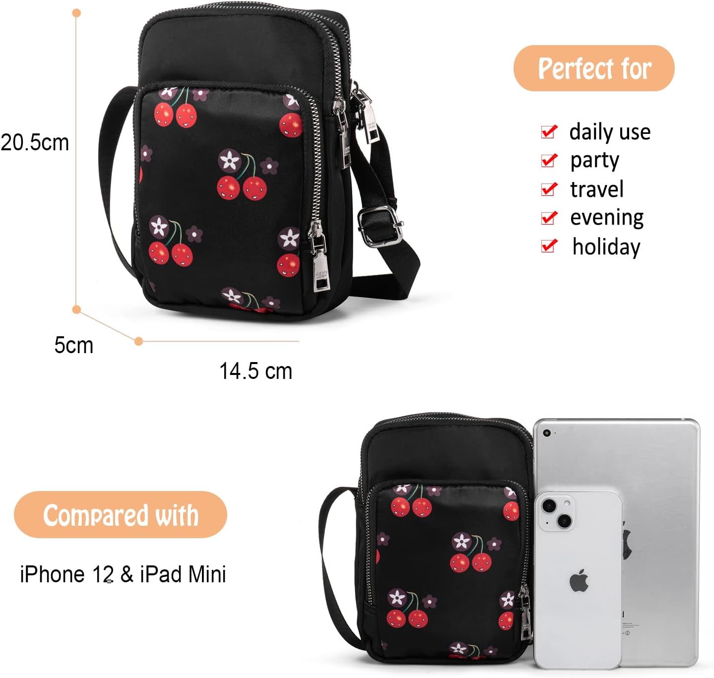 Frauen Mädchen kleiner Umhängetaschen Stofftasche Mobilfunkkoffer zum Aufhängen mit süßem Muster, 3 Fächern und langem Riemen, schwarz mit Kirsche, minimal – Bild 3