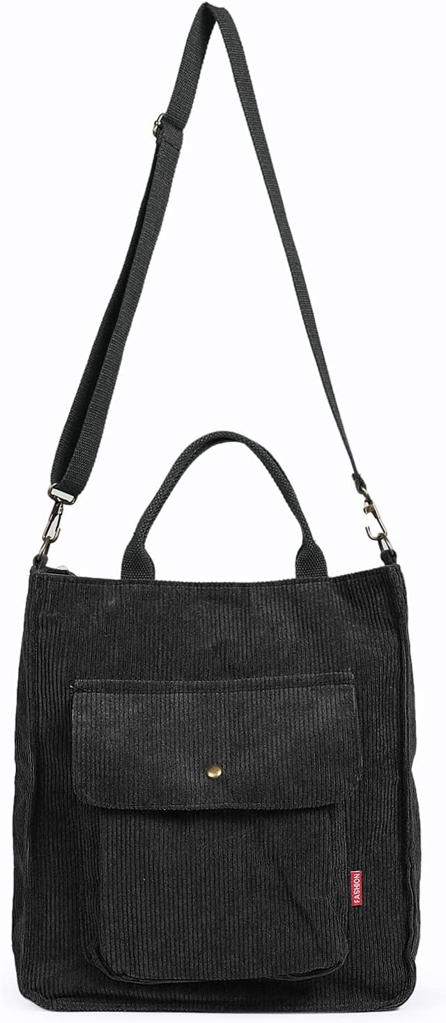 Dencycle Damen -Umhängetasche, große Cord -Einkaufstasche, lässige Handtasche, Einkaufstasche, Mode -Umhängetasche mit Reißverschluss und Tasche, Crossbody -Tasche für jeden Tag, Büro, Schulreise und Einkaufen, Schwarz, schwarz, – Bild 3
