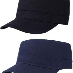 Ritte -Pack von 2 flachen Baseballkappe, Cape -Armee -Kappe, Kadettenhut, flache Baumwollkappe, verstellbare flache Baseballkappe für Männer und Frauen (Schwarz, Marine), Schwarz, Marine