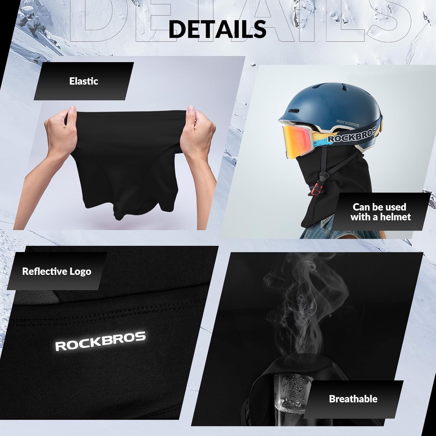 Rockbros Balaclava für Herbst/ Winter, Männer/ Frauen für Sportarten im Freien, Fahrrad, Motorrad, Snowboard, Ski, Radfahren, Reflexion, winddicht, Anti-Staub, atmungsaktiv, eine Größe – Bild 2