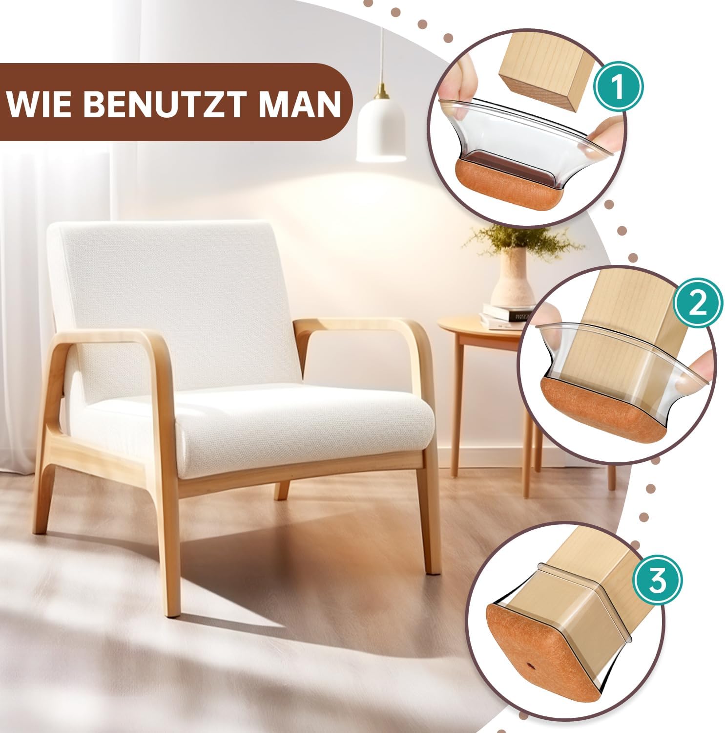 Square Stuhl Beinkappen, 32 Stücke, Bodenschutz für Stühle, Schutzkappen für Stuhlbeine mit Filz, transparenten Silikonstuhl -Beinschutz für Holzböden. – Bild 6