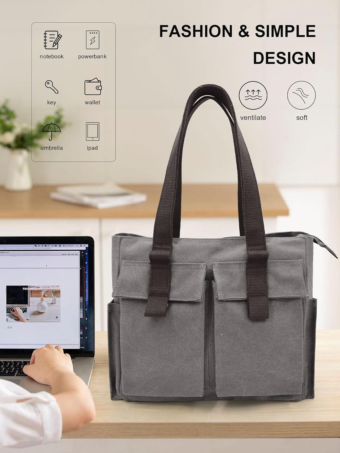 Frauenhandtasche, große Leinwand -Umhängetasche, Handtasche, Einkaufstasche, Käufer mit vielen Fächern, alltägliche Arbeit – Bild 3