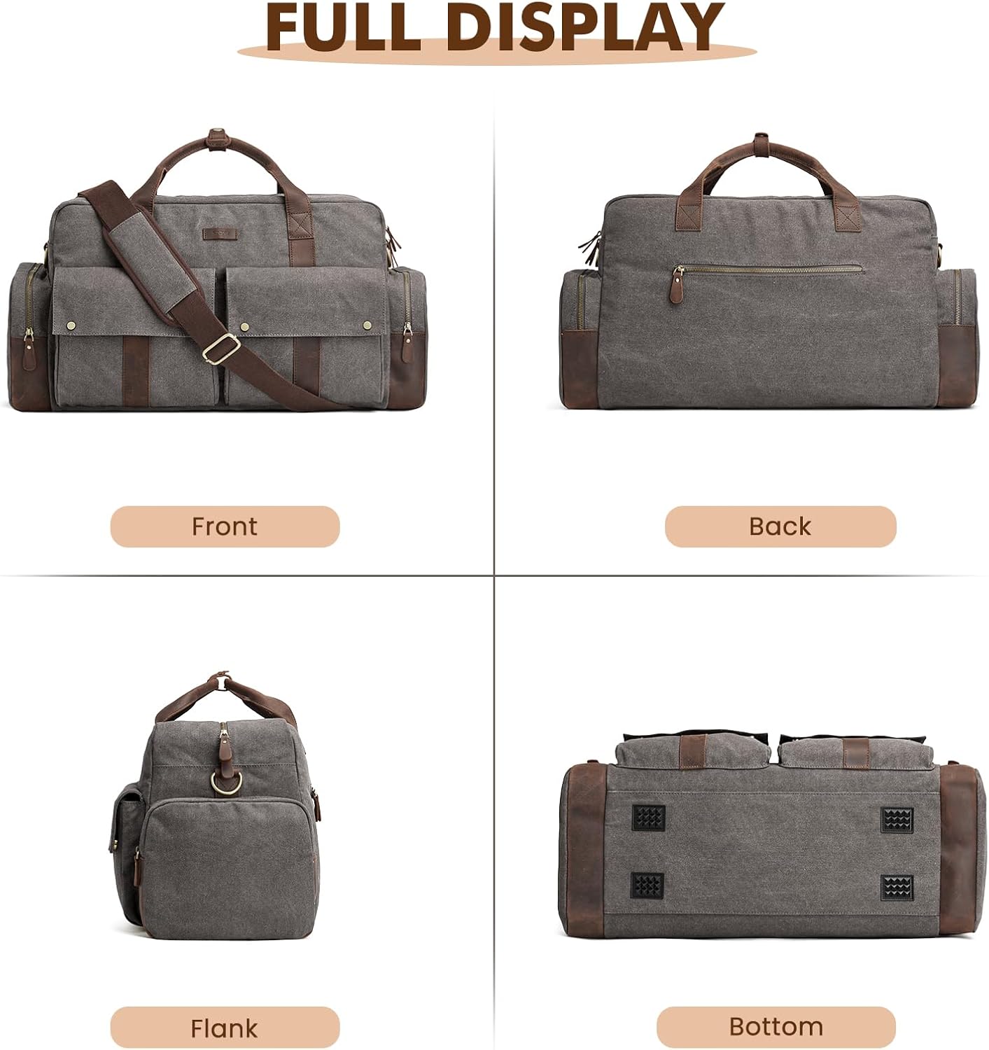 S-Zone Unisex 56L Reisetasche Vintage Leinwand Lederverkleidung über Nacht Weekender Bag Duffle Bag Handgepäck Sporttasche für Reisebühne am Wochenende Urlaub – Bild 7