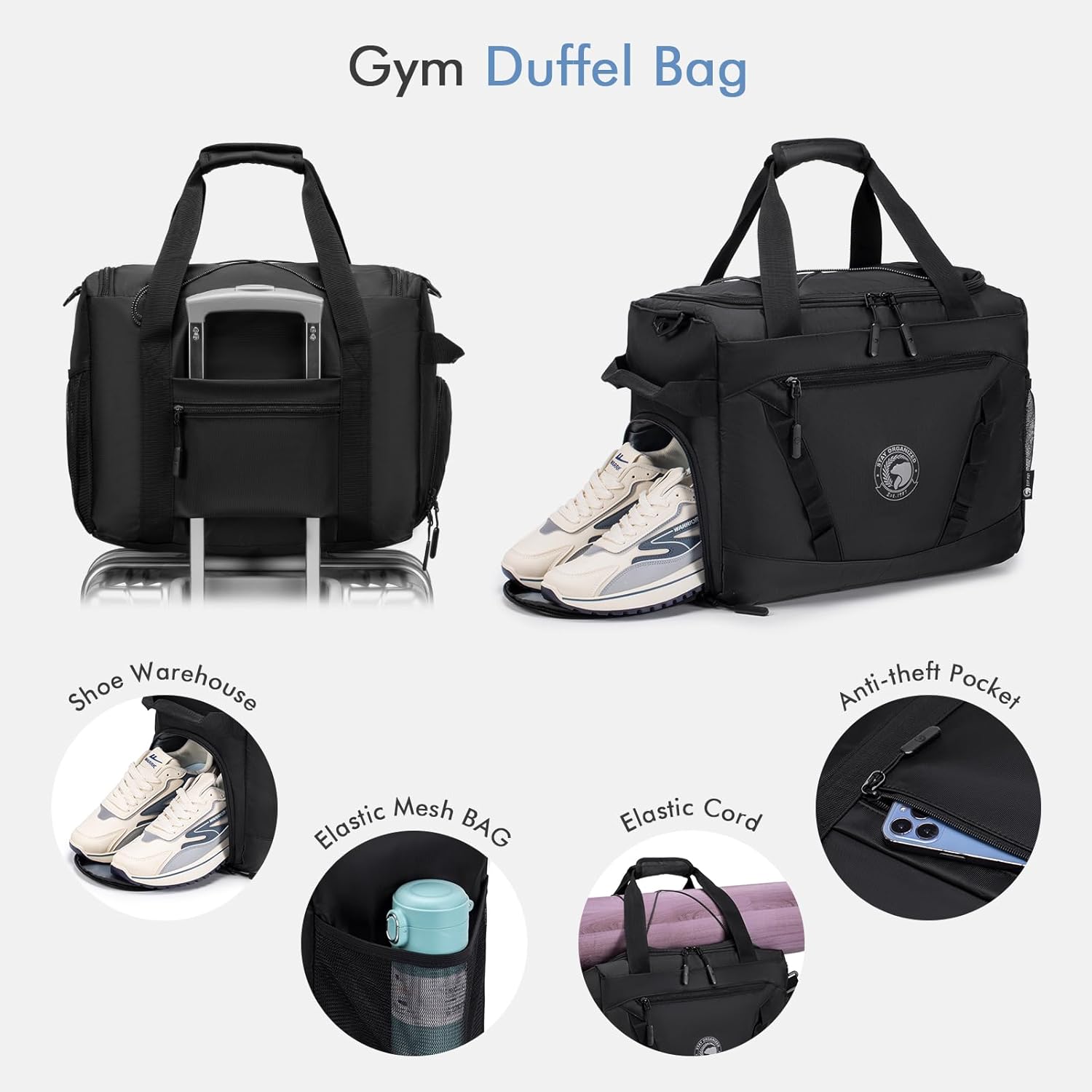Bagzy Wizzair Sports Bag Reisetasche Männer 40 x 30 x 20 cm Handgepäck mit Schuhfachfonds WASHEM WASHEROf Trainingsbeutel Fitness Bag Weekender Reise -Fitness -Tasche Duffle Tasche, Schwarz – Bild 4