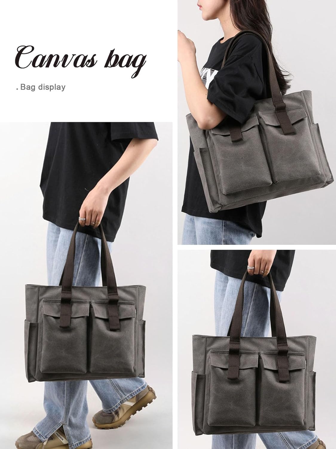 Frauenhandtasche, große Leinwand -Umhängetasche, Handtasche, Einkaufstasche, Käufer mit vielen Fächern, alltägliche Arbeit – Bild 5