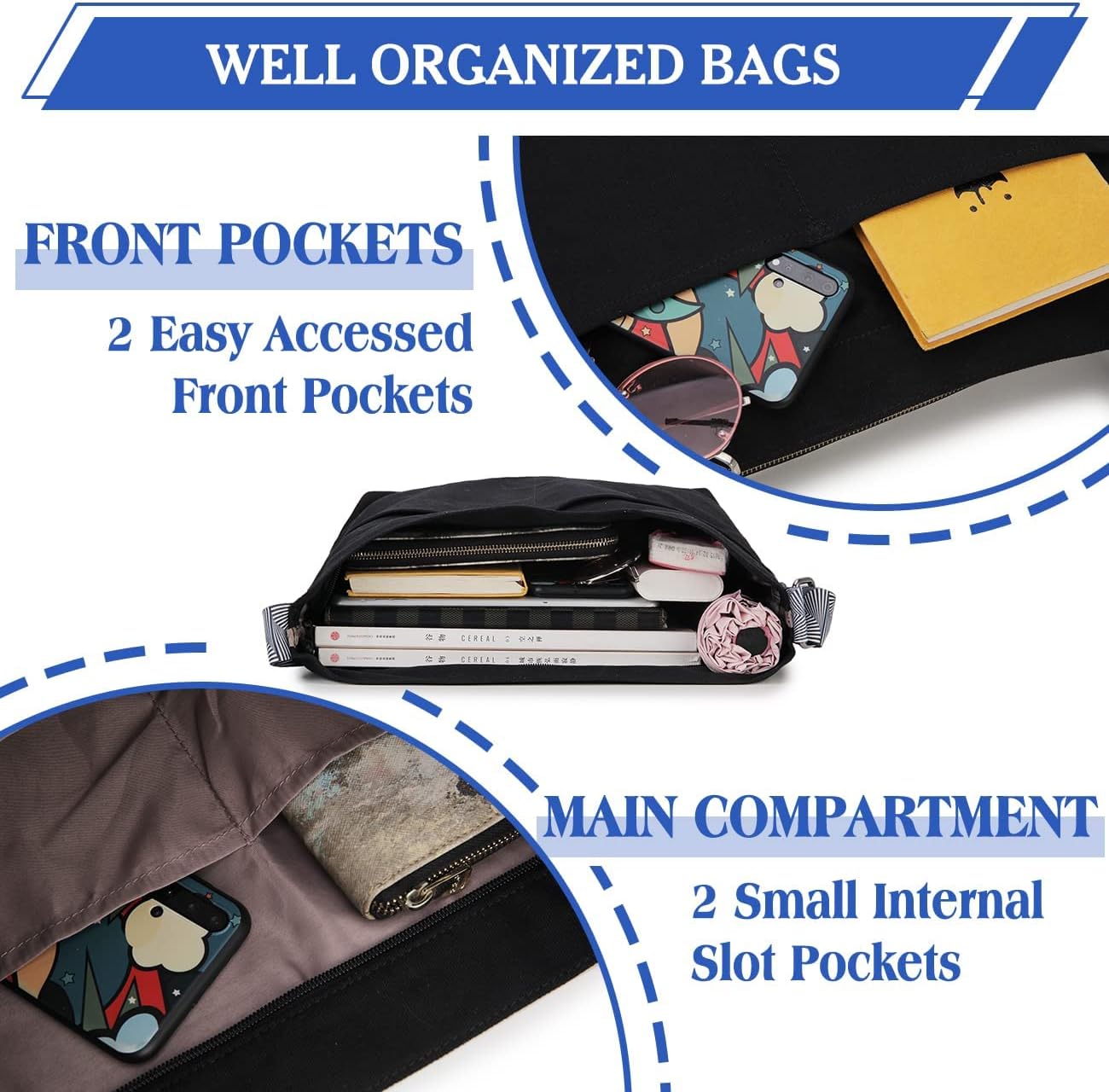 Vx vonxury crossbody Bag Frauen große Reißverschluss -Leinwand Hobo -Tasche mit verstellbarer Gurt Umhängetasche wiederverwendbare Einkaufsbeutel für Schulreisen Teen Teen Girls Girls – Bild 3