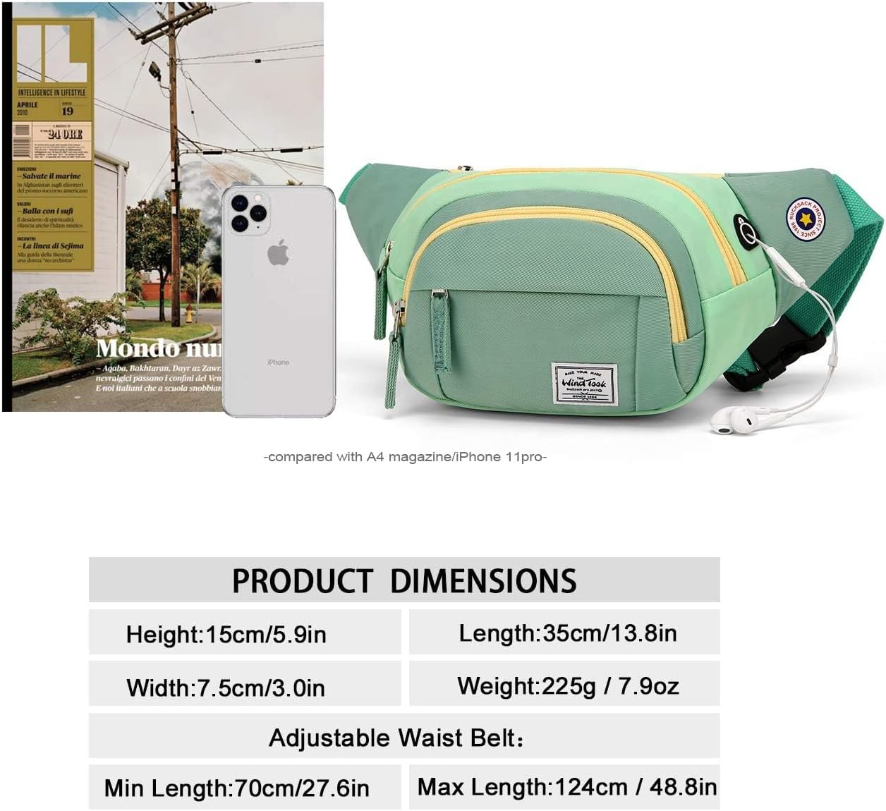 Wind nahm Penner, Gürtelbeutel, Brustbeutel, stilvoller, großer Taillenbeutel, Sportmobilhülle mit Kopfhöreranschluss für Reisen, Wandern, Freien, Laufen, Frauen und Männer, 35 x 7,5 x 15 cm, hellgrün, 5003a – Bild 3