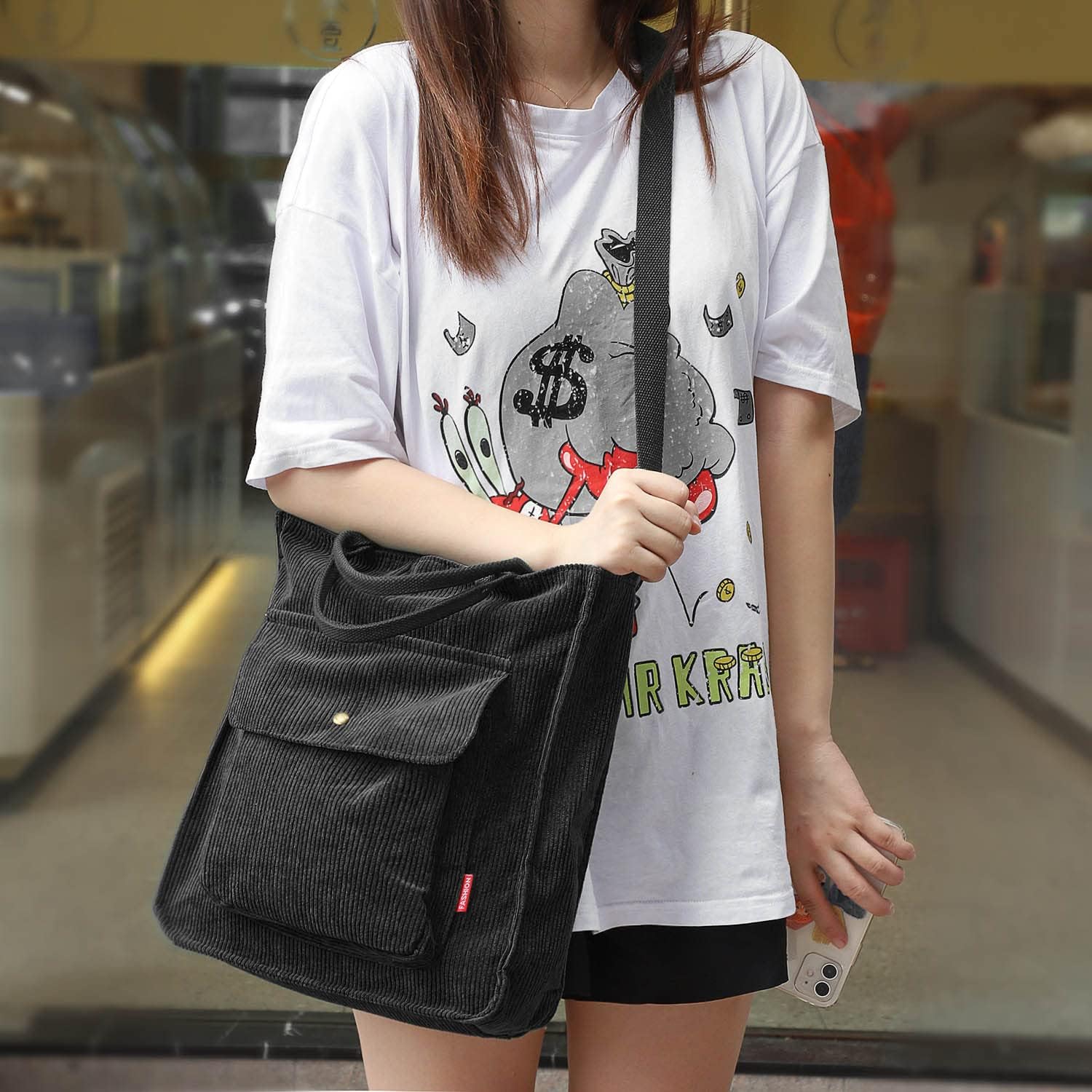 Dencycle Damen -Umhängetasche, große Cord -Einkaufstasche, lässige Handtasche, Einkaufstasche, Mode -Umhängetasche mit Reißverschluss und Tasche, Crossbody -Tasche für jeden Tag, Büro, Schulreise und Einkaufen, Schwarz, schwarz, – Bild 7