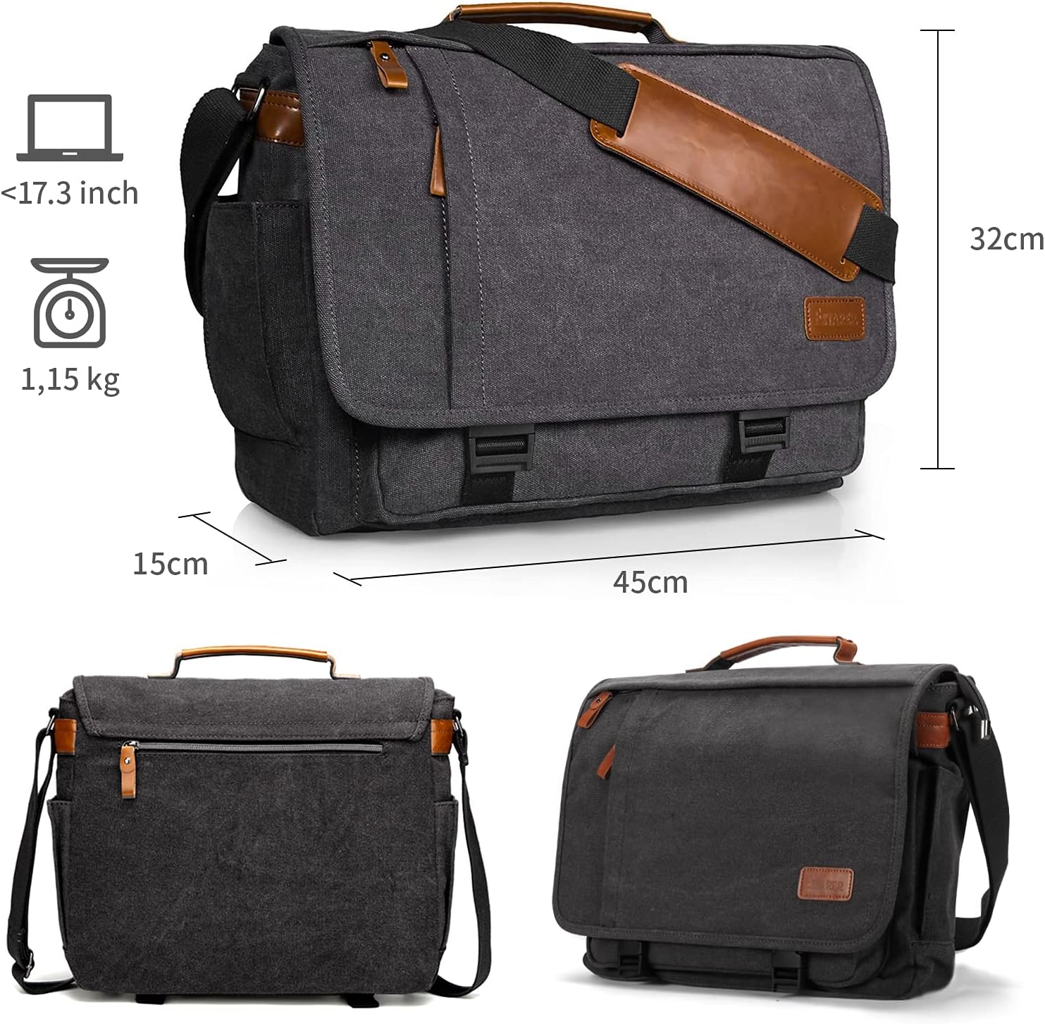 Estarer Carry Bag/Laptop -Tasche 14/15,6–17/17,3 Zoll für Arbeit, Universität, einfache Leinwand, Grau, Grau – Bild 6