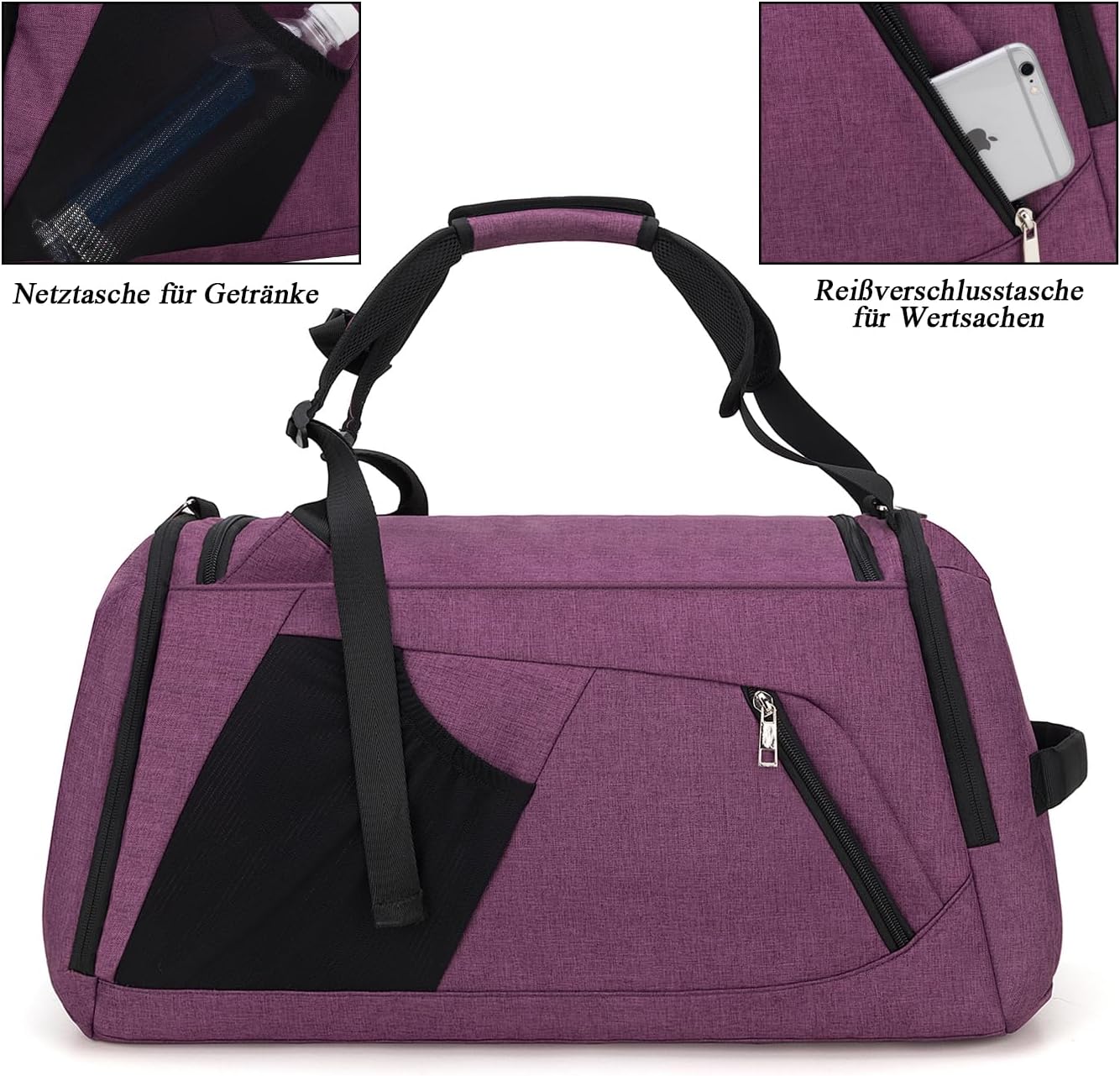 Sportbeutel mit Schuhfach und feuchtem Fach, 42L wasserdichtes Fitnessbeutel für Männer und Frauen, langlebiger Reisetasche mit Schultergurt und Kombinationsschloss – Bild 4