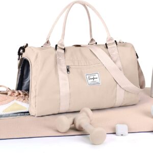 Sportsetasche Frauen, Sporttasche mit nasser Fach und Schuhfachfahrten Reisetaschen Duffel-Taschen über Nacht Tasche Leicht wasserdichte Sportbeutel Handgepäcktasche für Männer am Wochenende Training Schwimmen Yoga Wanderung, E-Beige.