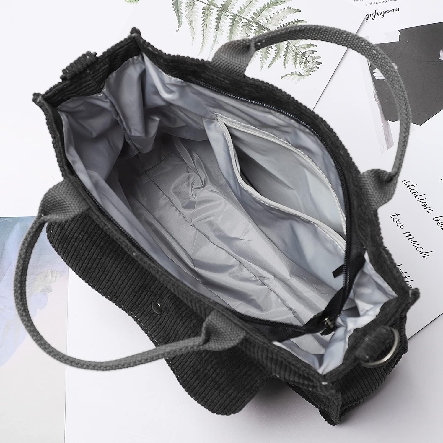 Dencycle Damen -Umhängetasche, große Cord -Einkaufstasche, lässige Handtasche, Einkaufstasche, Mode -Umhängetasche mit Reißverschluss und Tasche, Crossbody -Tasche für jeden Tag, Büro, Schulreise und Einkaufen, Schwarz, schwarz, – Bild 5