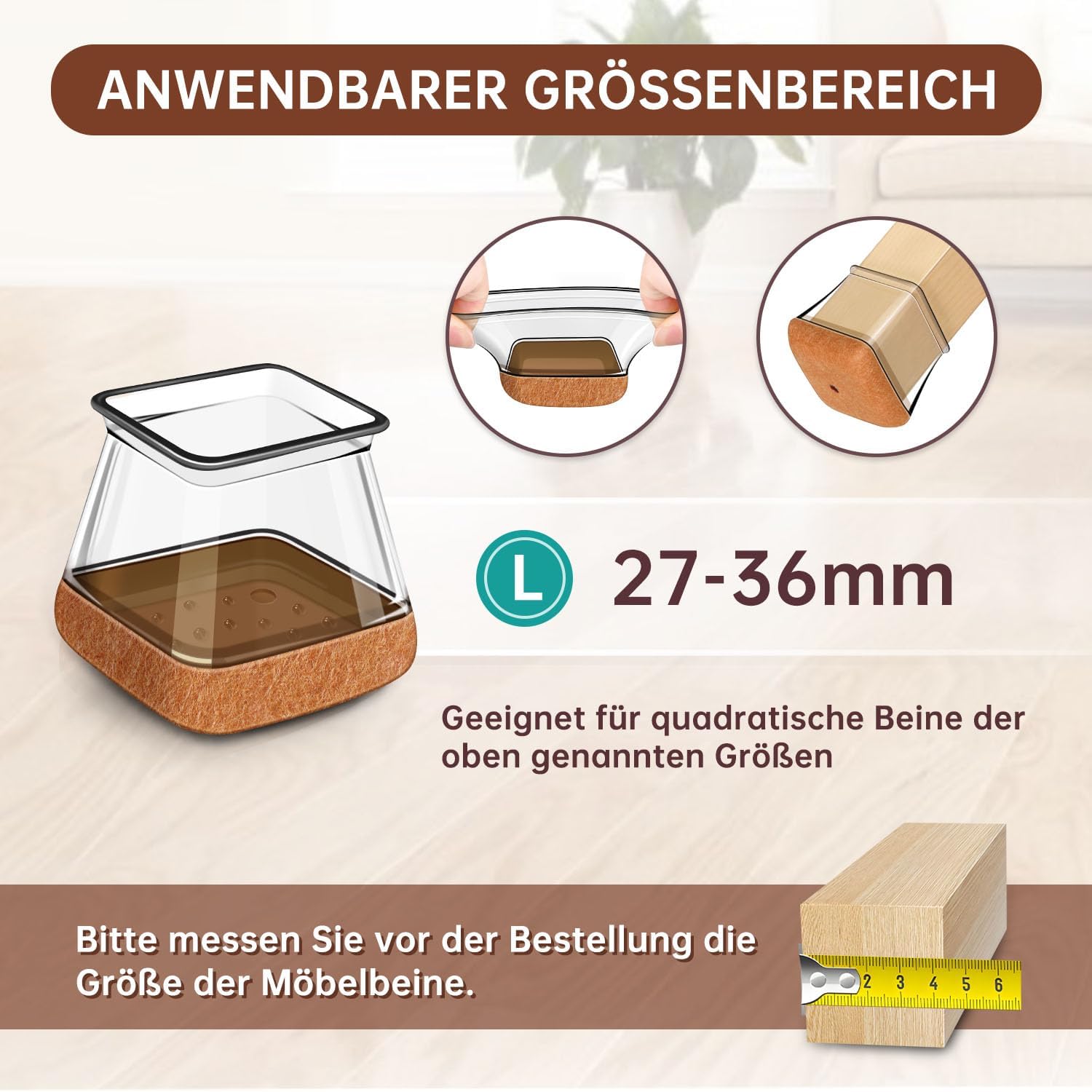 Square Stuhl Beinkappen, 32 Stücke, Bodenschutz für Stühle, Schutzkappen für Stuhlbeine mit Filz, transparenten Silikonstuhl -Beinschutz für Holzböden. – Bild 2