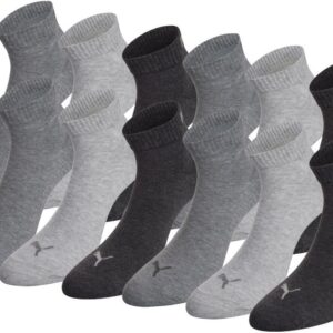 Puma Unisex Quarter Socken (Packung von 3) – Anthrazit/Hellgrau/Mittelgrau, Größe: 43-46
