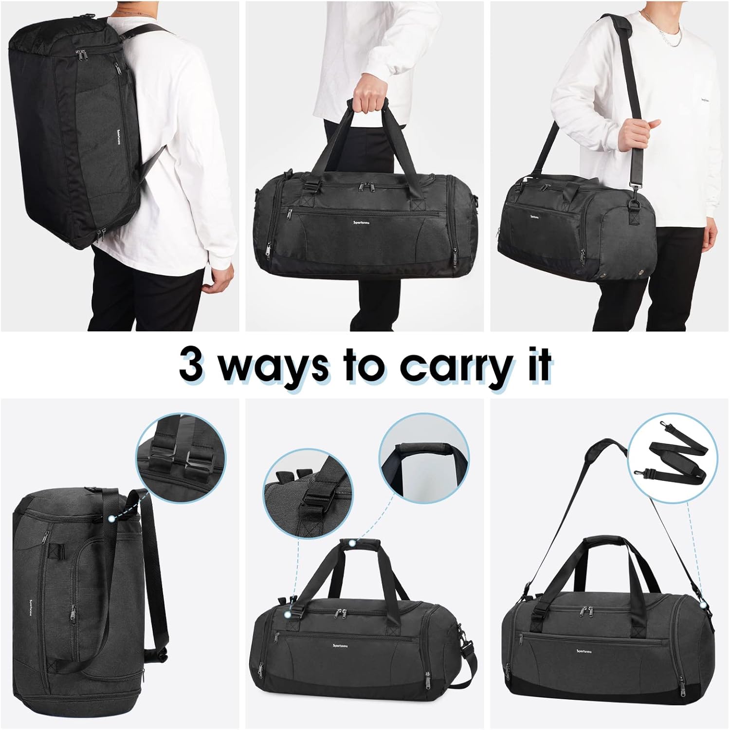 Sportsack Rucksack Herren -Reisetasche mit Schuhfach und Wet -Fach und Toilettenbeutel Weekender Bag Damen -Trainingstasche mit Trolley -Ärmel, Schwarz – Bild 3