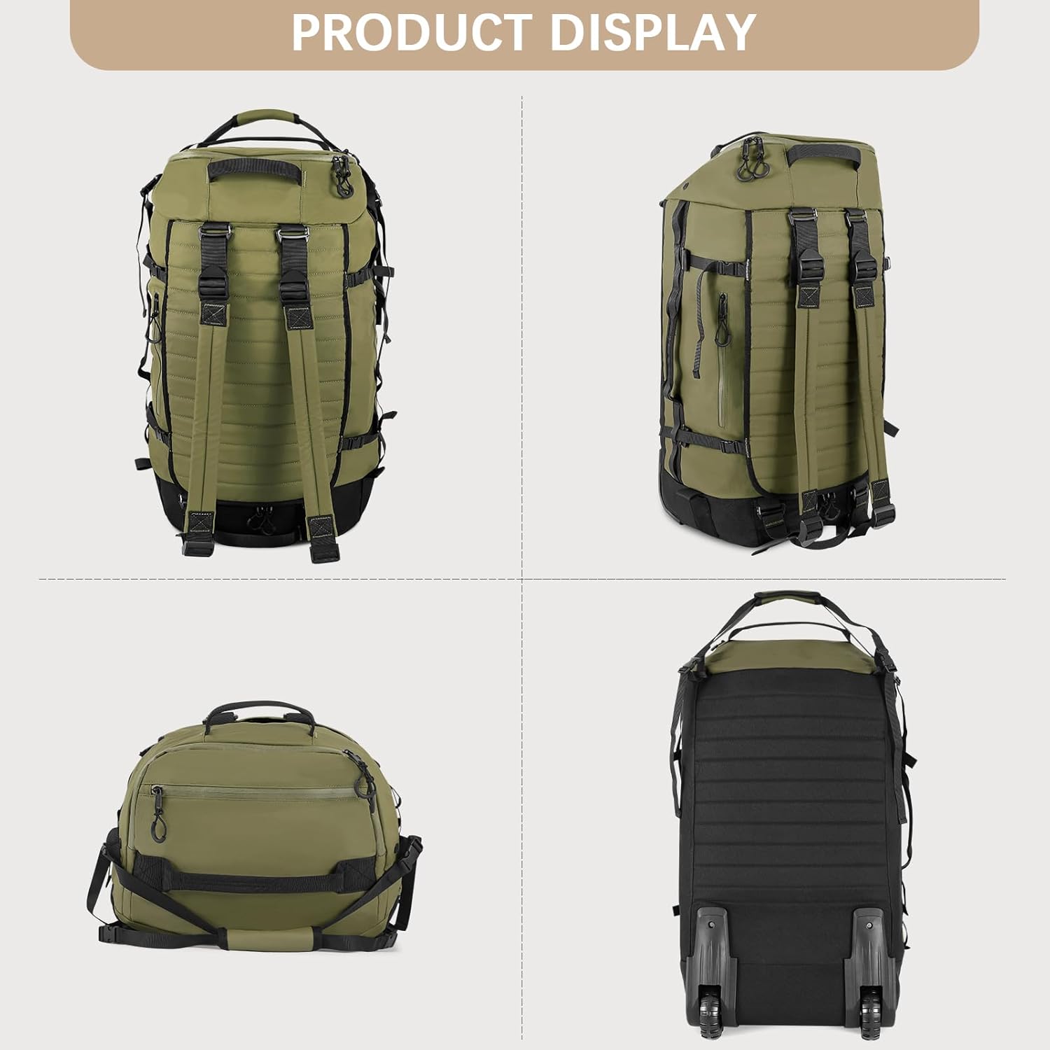 Contail 86L Faltbarer Reise -Rucksack mit gepolstertem, gesteppten Basis, wasserdichtem, faltbarem Reiserucksack mit verlängerten Tragetaschen, Armeegrün, Reisetasche – Bild 7