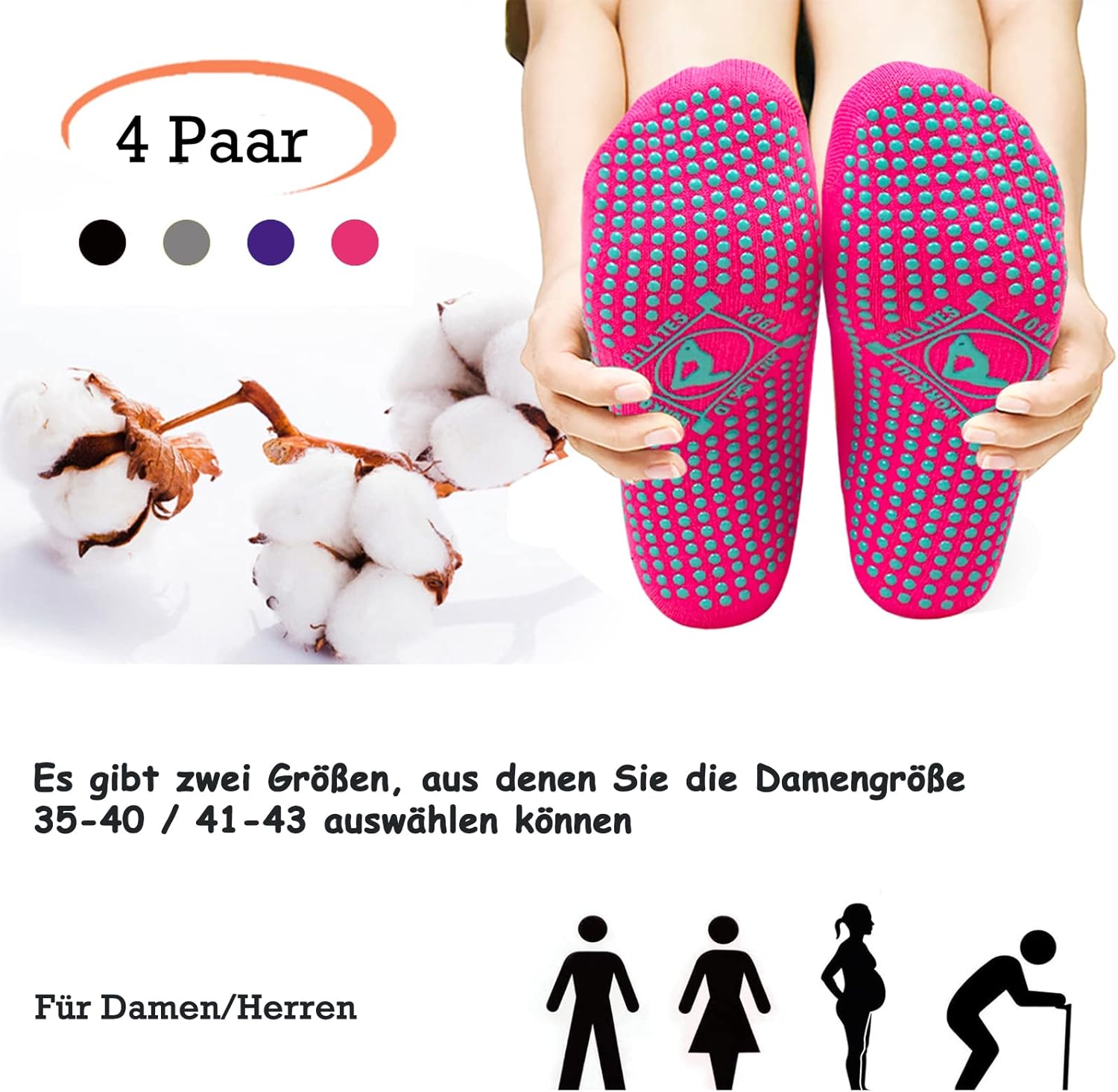 Hycles Yoga-Socken Nicht-Schlupf-Socken Frauen 4 Paare Yoga, Pilates, Barre, Tanz, Ballett, Trampolin, Krankenhaus 35-43 – Bild 5