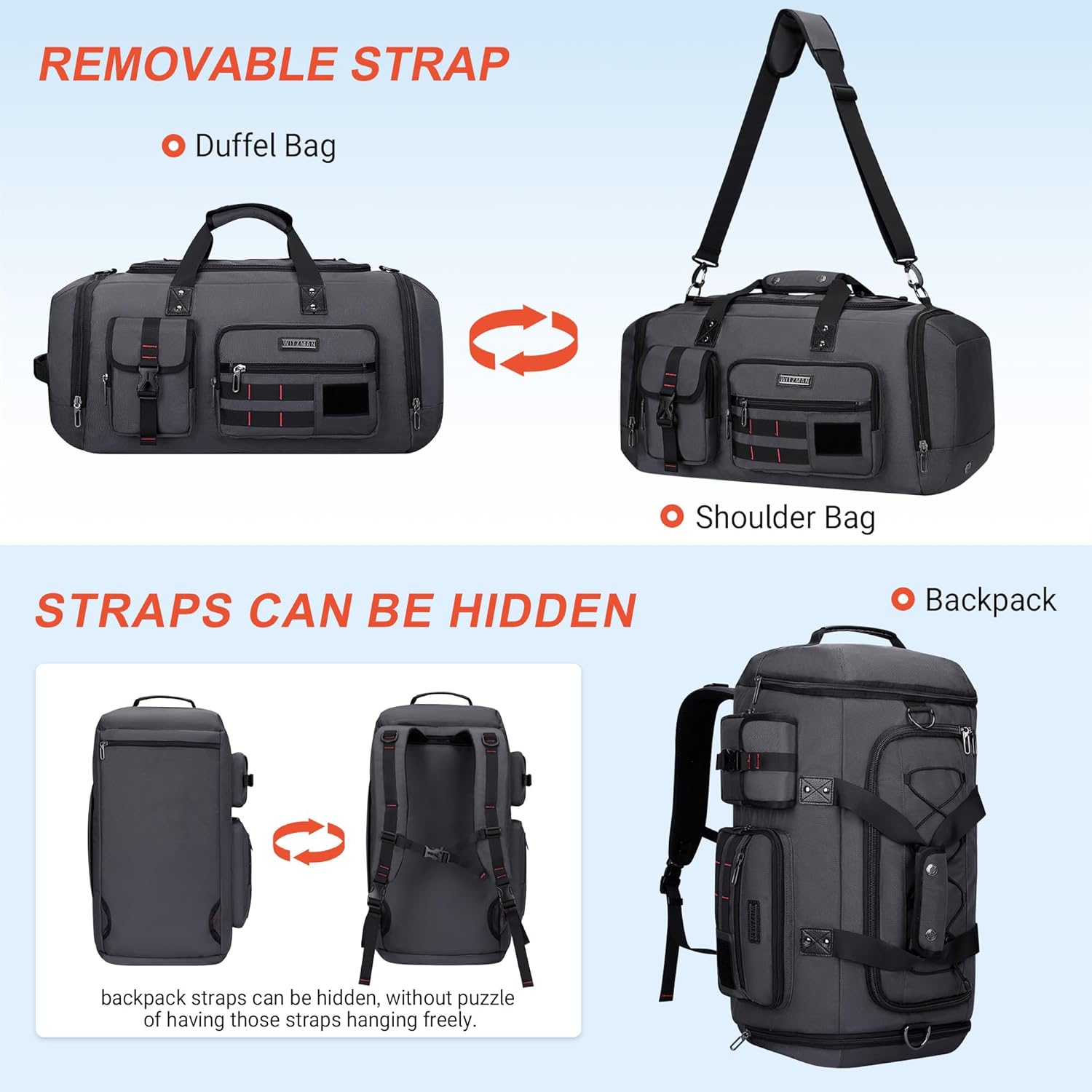 Witzman Travel Bag Herren 45L Sporttasche groß mit Schuhfach Duffle Tasche 3 in 1 Reise -Fitness -Trainingstasche Männer Frauen, Silbergrau, Reisetasche – Bild 6