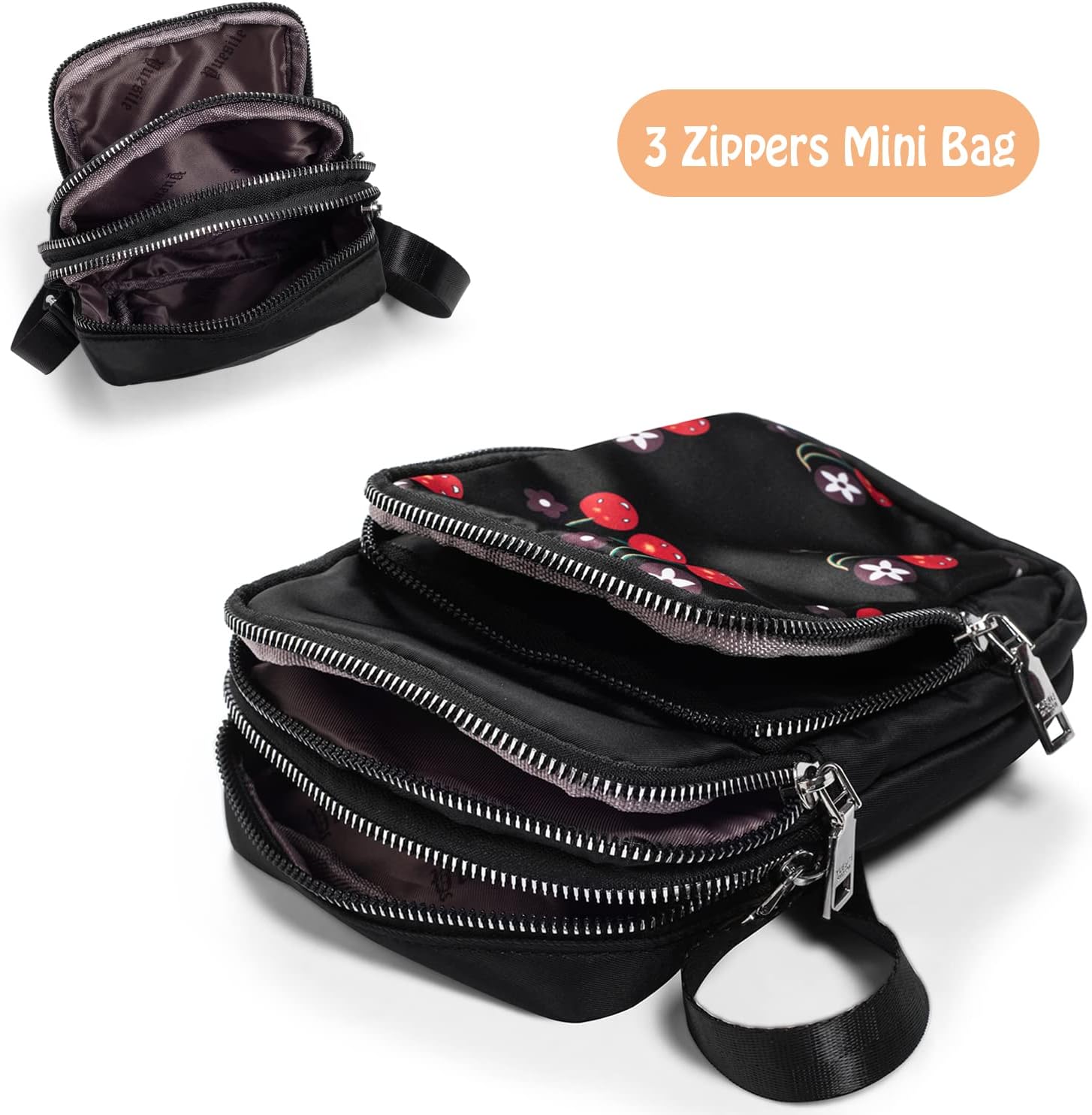 Frauen Mädchen kleiner Umhängetaschen Stofftasche Mobilfunkkoffer zum Aufhängen mit süßem Muster, 3 Fächern und langem Riemen, schwarz mit Kirsche, minimal – Bild 4