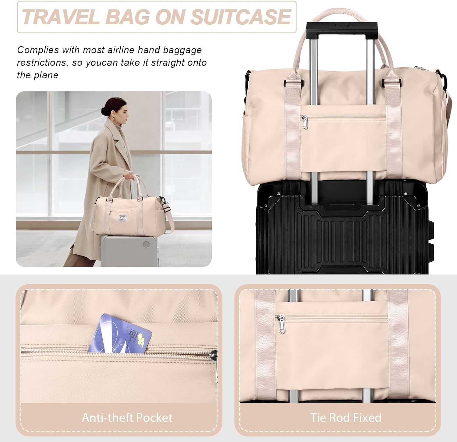 Sportsetasche Frauen, Sporttasche mit nasser Fach und Schuhfachfahrten Reisetaschen Duffel-Taschen über Nacht Tasche Leicht wasserdichte Sportbeutel Handgepäcktasche für Männer am Wochenende Training Schwimmen Yoga Wanderung, E-Beige. – Bild 6