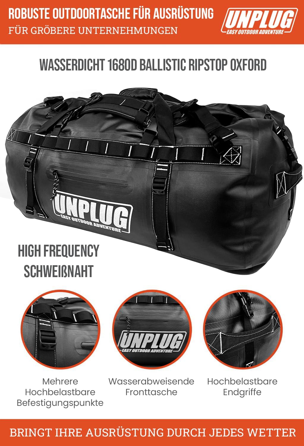 Leerzeichen Ultimate Adventure Bag, wasserdichte Reisetasche Rucksack, 1680d Heavy Duffel Bag wasserdicht für Camping, Motorrad, wasserdicht – Bild 2