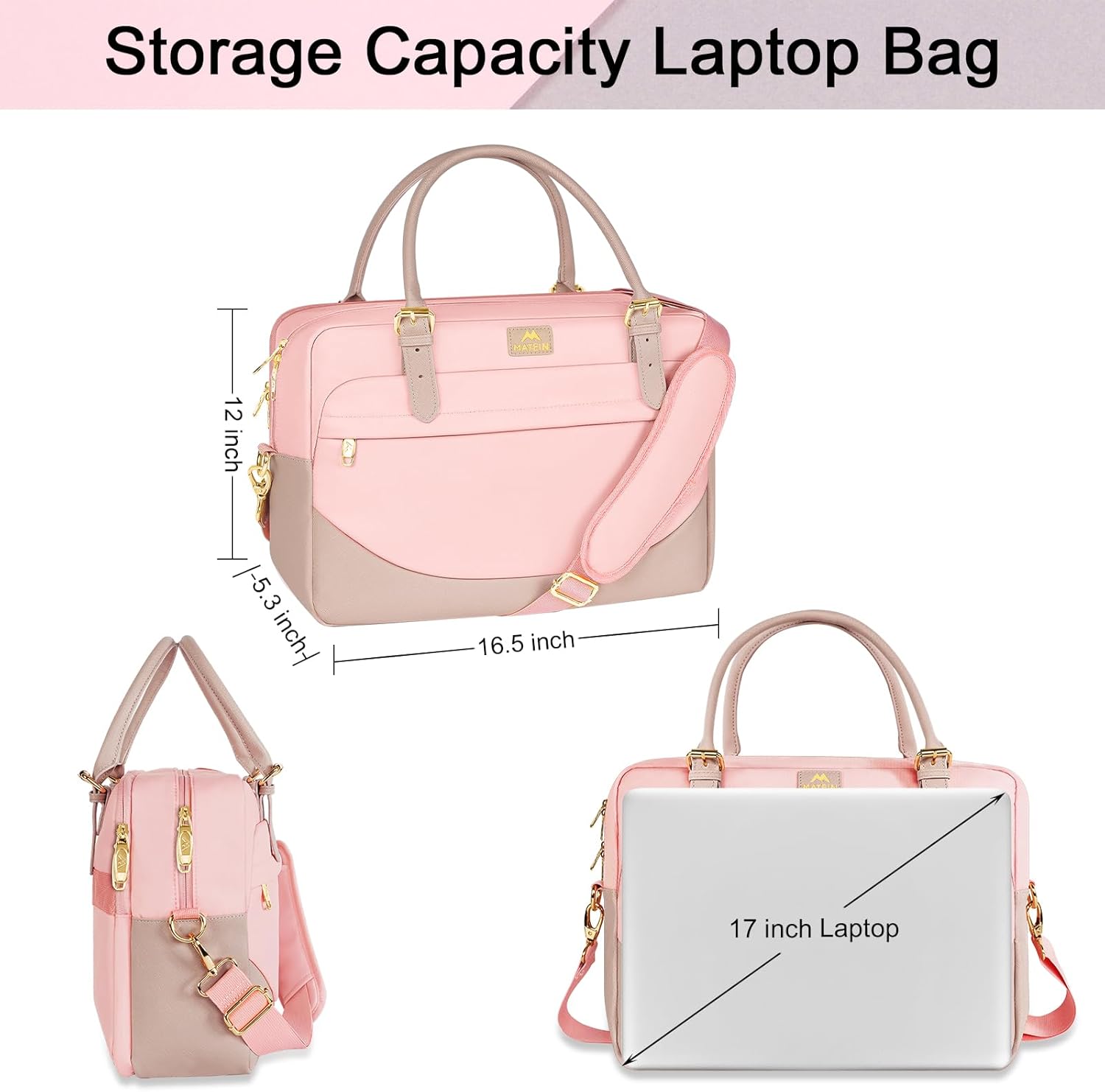 Matein Damen große Handtasche, Laptop -Tasche, 17,3 -Zoll -Arbeitsbeutel mit vielen Fächern, Messengerbeutel, Business -Tasche, Aktentasche, Bürobeutel, rosa Laptop -Tasche, Umhängetasche für Schule, Reisen, Rosa – Bild 5