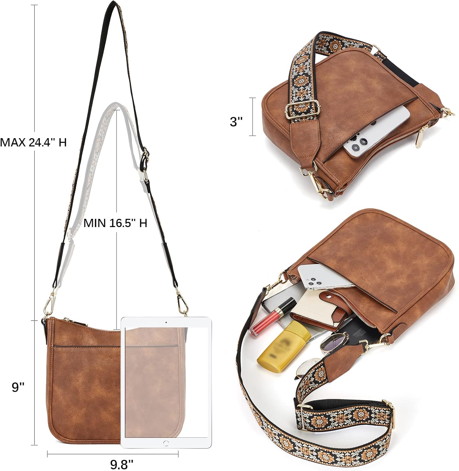 Bostanten Frauen kleiner Polyurethan (PU) Lederhandtasche, Kreuzkörper/Umhängetasche mit verstellbarem, farbigem Riemen – Bild 3