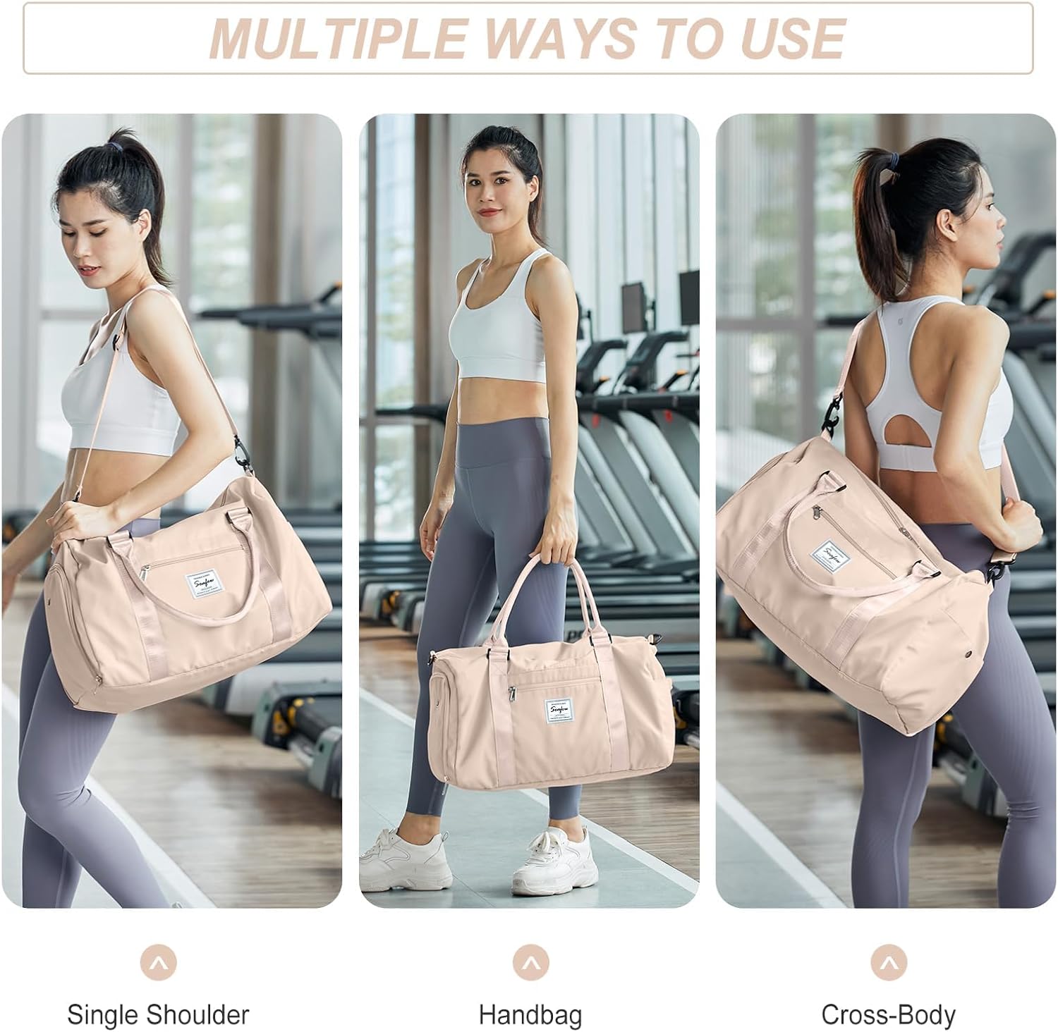 Sportsetasche Frauen, Sporttasche mit nasser Fach und Schuhfachfahrten Reisetaschen Duffel-Taschen über Nacht Tasche Leicht wasserdichte Sportbeutel Handgepäcktasche für Männer am Wochenende Training Schwimmen Yoga Wanderung, E-Beige. – Bild 5