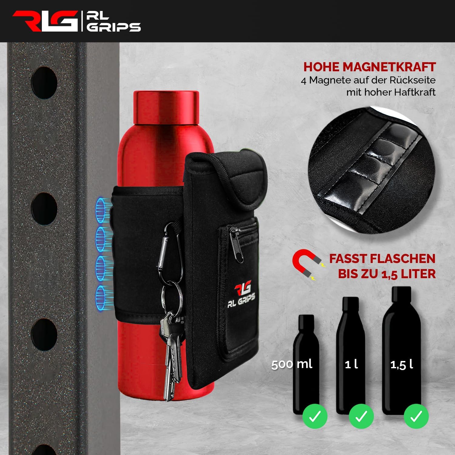 RL Grips® Magnetic Water Flaschenhülle - Beutel mit Magneten für Flaschen, Mobiltelefon, Schlüssel und Zubehör - Mobilfunkhalter im Fitnessstudio - Magnetischer Fitness -Tasche - ideal für Fitnessstudio und CrossFit – Bild 6