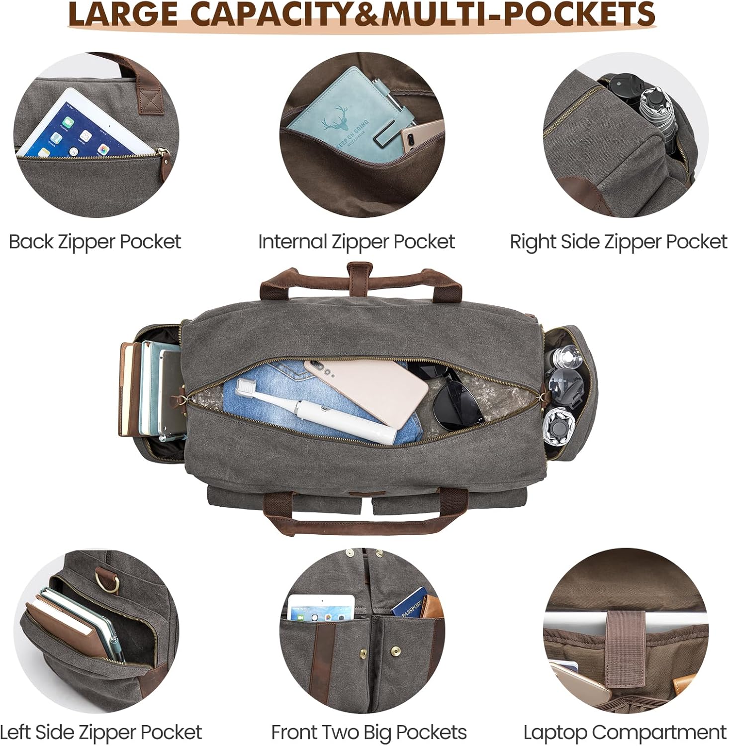 S-Zone Unisex 56L Reisetasche Vintage Leinwand Lederverkleidung über Nacht Weekender Bag Duffle Bag Handgepäck Sporttasche für Reisebühne am Wochenende Urlaub – Bild 6