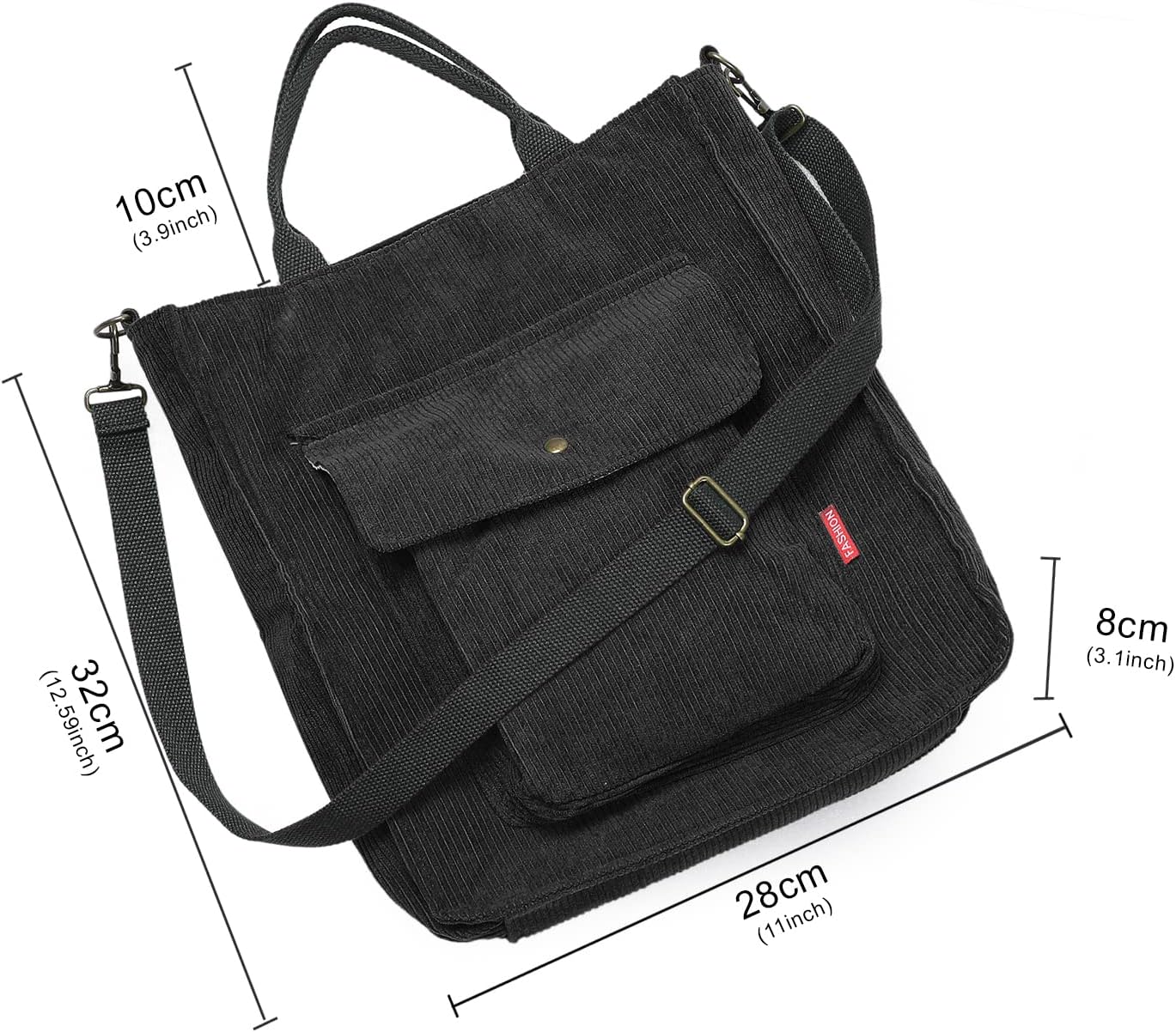 Dencycle Damen -Umhängetasche, große Cord -Einkaufstasche, lässige Handtasche, Einkaufstasche, Mode -Umhängetasche mit Reißverschluss und Tasche, Crossbody -Tasche für jeden Tag, Büro, Schulreise und Einkaufen, Schwarz, schwarz, – Bild 2
