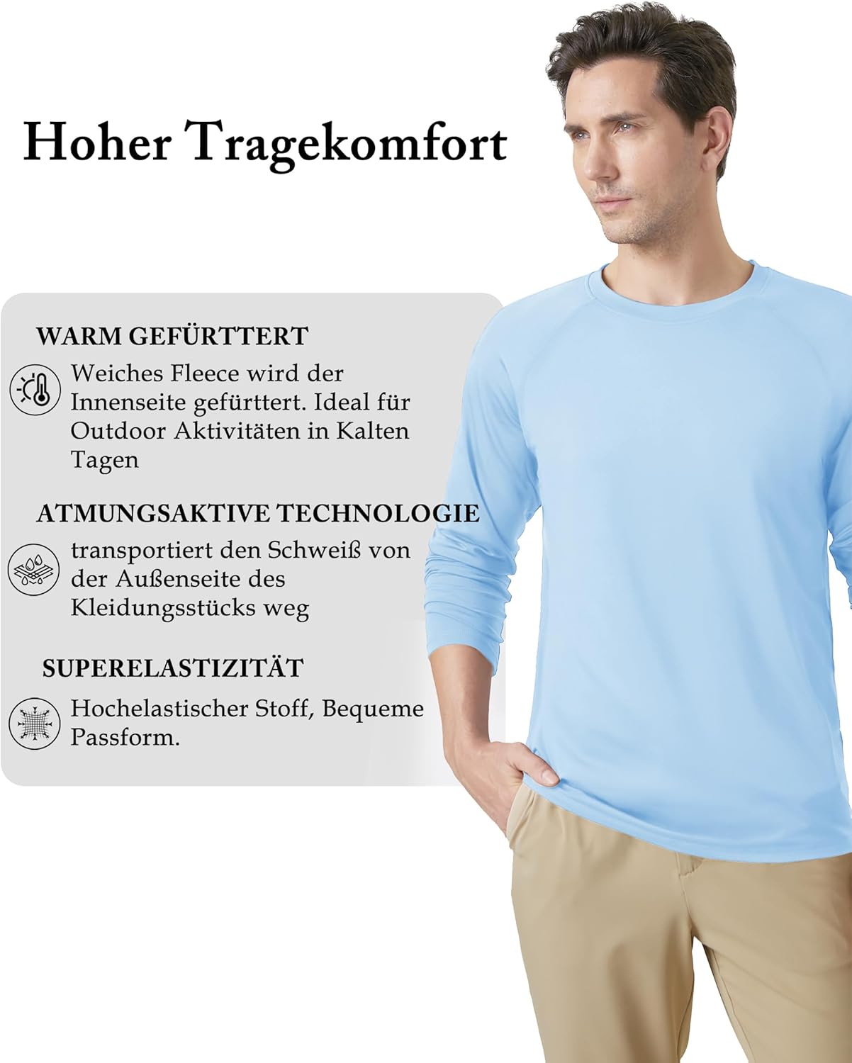 Kefitevd Herren-Langarm-T-Shirt mit innerem Fleece Sport Long Sleeve Thermal Running Shirt Jersey Winter Herbst – Bild 5