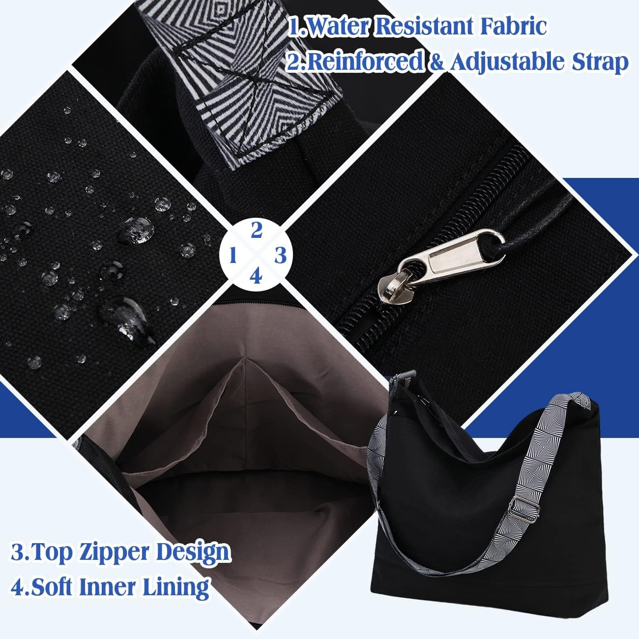 Vx vonxury crossbody Bag Frauen große Reißverschluss -Leinwand Hobo -Tasche mit verstellbarer Gurt Umhängetasche wiederverwendbare Einkaufsbeutel für Schulreisen Teen Teen Girls Girls – Bild 4