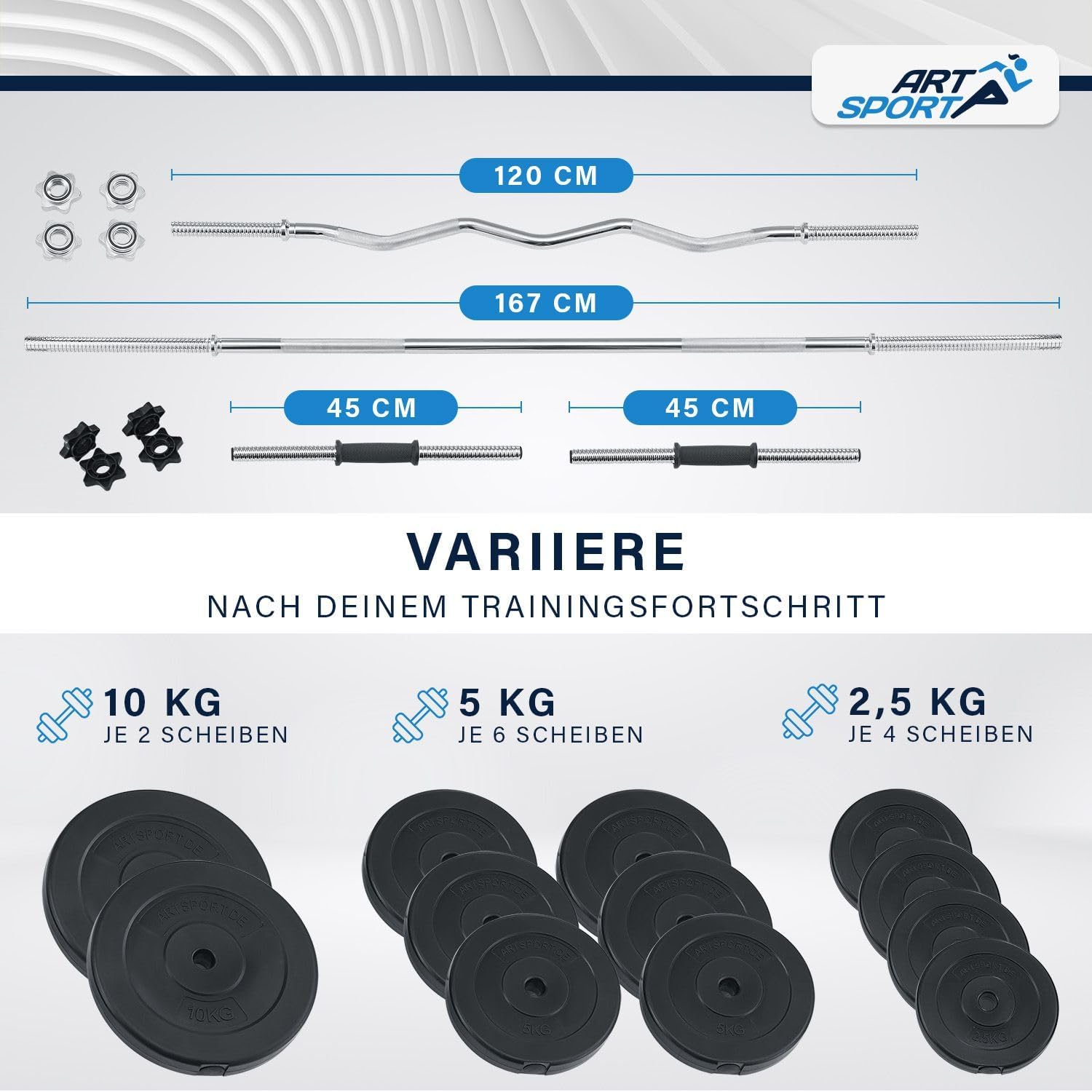 ArtSport 3 -in -1 -Hantel -Set mit 2 Hanteln, 1 Langhantel und 1 SZ Curl Langhantel - 12 Gewichte mit 60 kg und Spinlockkragen - Dumbbell Set Krafttraining – Bild 3