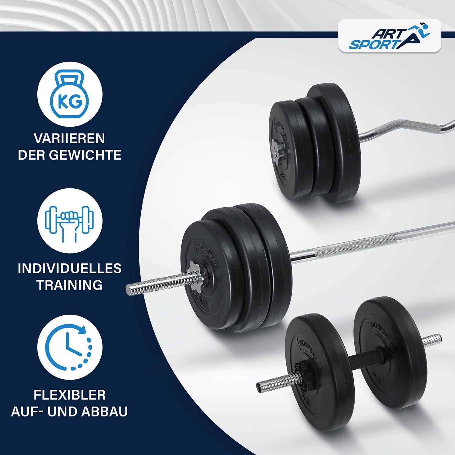 ArtSport 3 -in -1 -Hantel -Set mit 2 Hanteln, 1 Langhantel und 1 SZ Curl Langhantel - 12 Gewichte mit 60 kg und Spinlockkragen - Dumbbell Set Krafttraining – Bild 5
