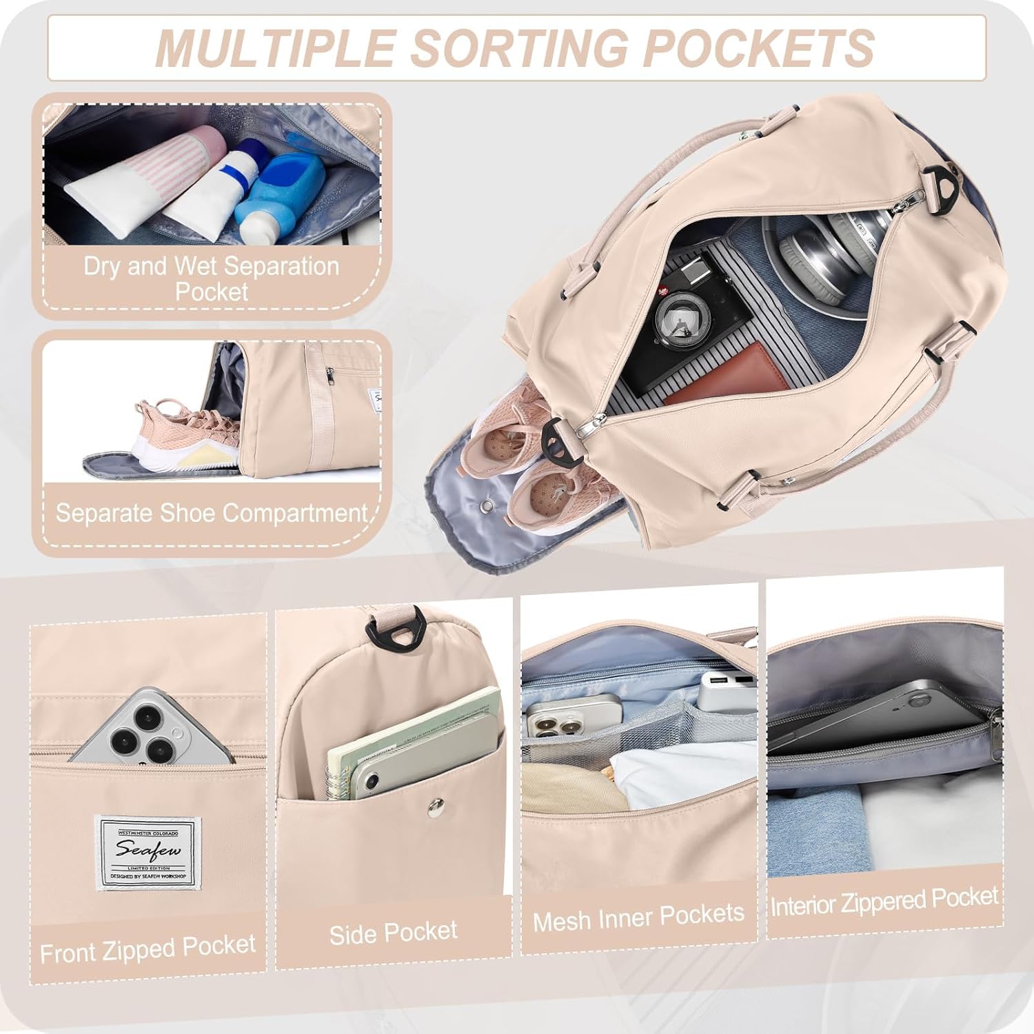 Sportsetasche Frauen, Sporttasche mit nasser Fach und Schuhfachfahrten Reisetaschen Duffel-Taschen über Nacht Tasche Leicht wasserdichte Sportbeutel Handgepäcktasche für Männer am Wochenende Training Schwimmen Yoga Wanderung, E-Beige. – Bild 3