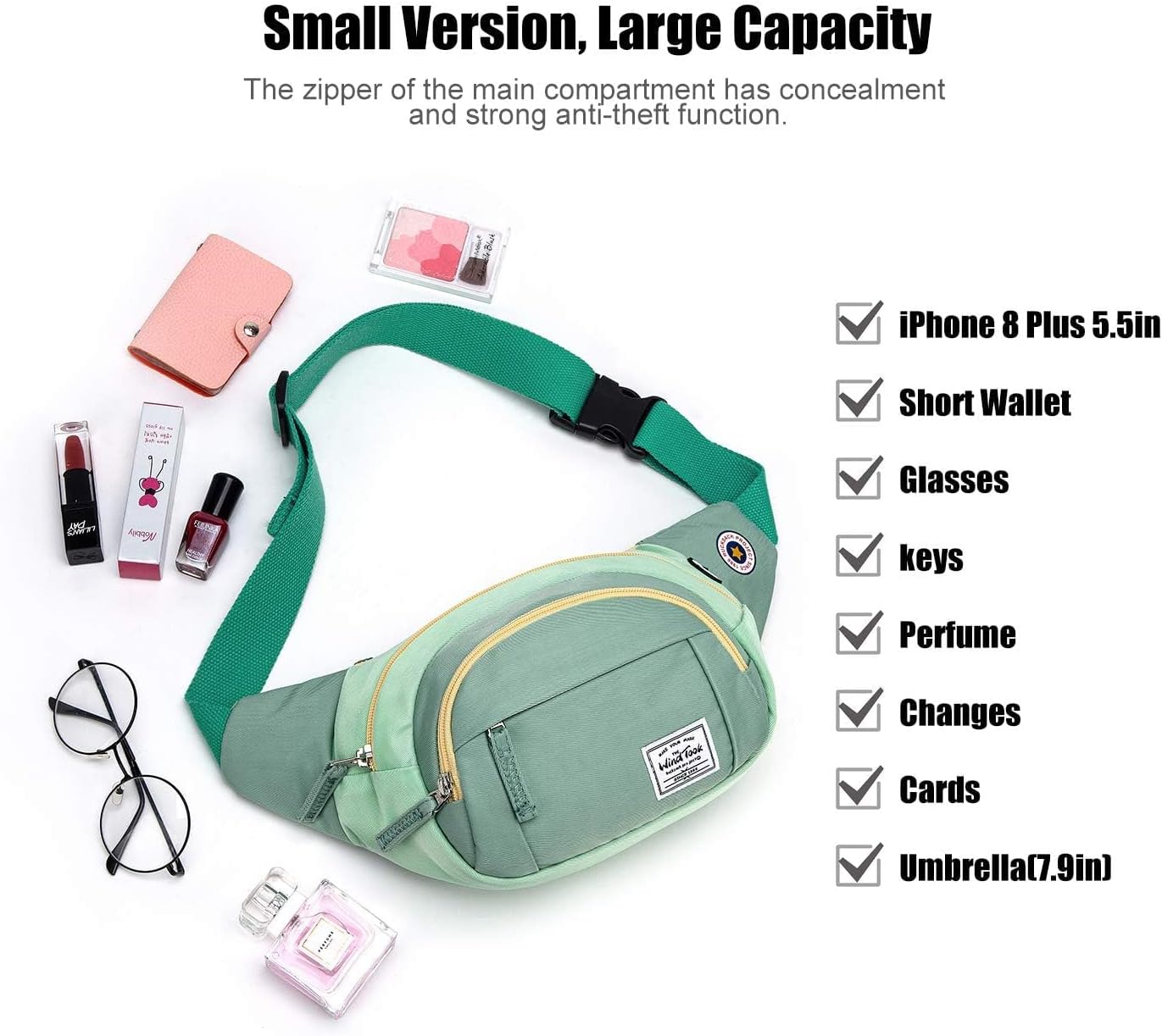 Wind nahm Penner, Gürtelbeutel, Brustbeutel, stilvoller, großer Taillenbeutel, Sportmobilhülle mit Kopfhöreranschluss für Reisen, Wandern, Freien, Laufen, Frauen und Männer, 35 x 7,5 x 15 cm, hellgrün, 5003a – Bild 4