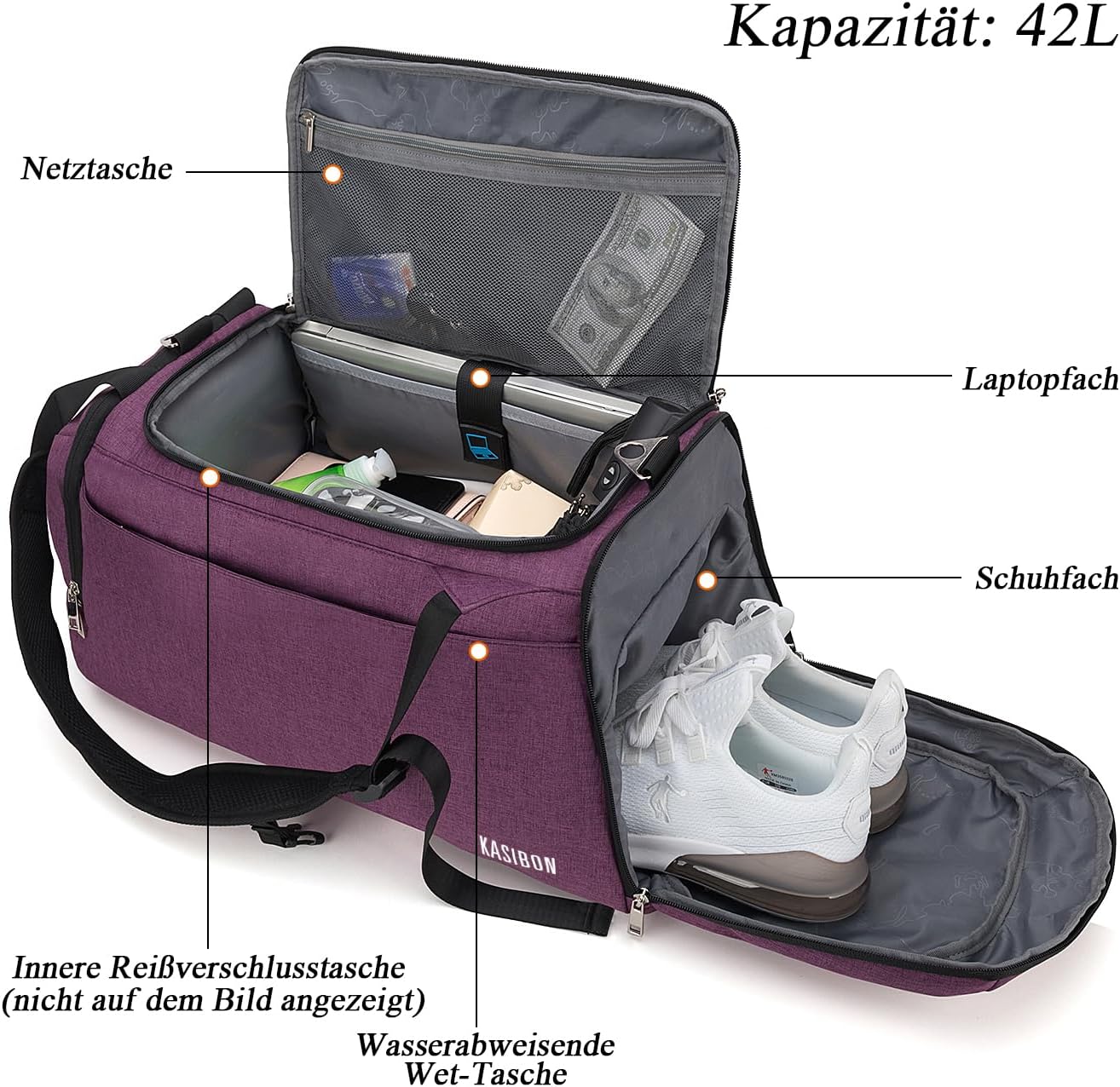 Sportbeutel mit Schuhfach und feuchtem Fach, 42L wasserdichtes Fitnessbeutel für Männer und Frauen, langlebiger Reisetasche mit Schultergurt und Kombinationsschloss – Bild 2