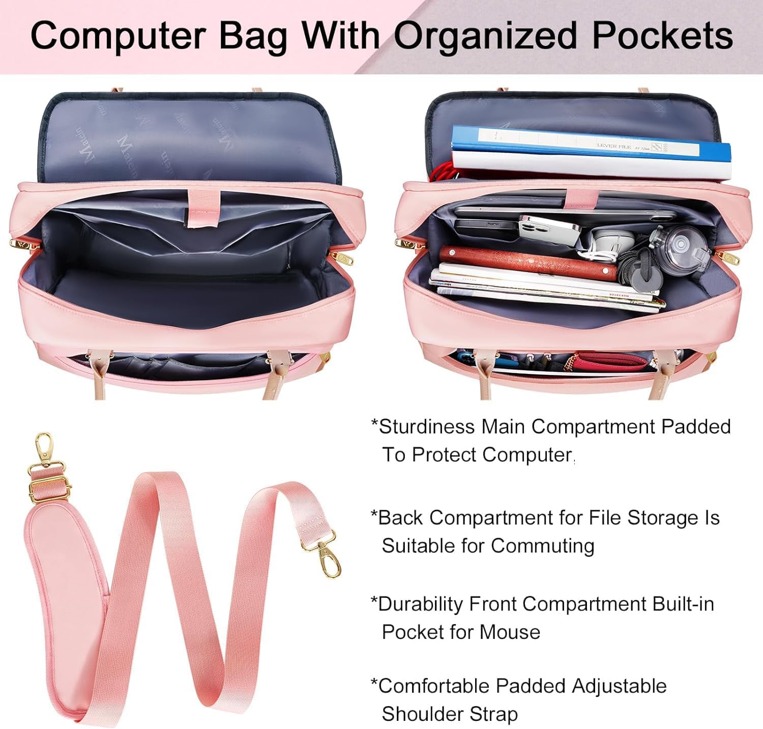 Matein Damen große Handtasche, Laptop -Tasche, 17,3 -Zoll -Arbeitsbeutel mit vielen Fächern, Messengerbeutel, Business -Tasche, Aktentasche, Bürobeutel, rosa Laptop -Tasche, Umhängetasche für Schule, Reisen, Rosa – Bild 2