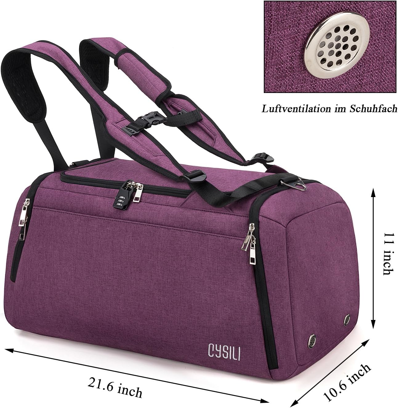 Sportbeutel mit Schuhfach und feuchtem Fach, 42L wasserdichtes Fitnessbeutel für Männer und Frauen, langlebiger Reisetasche mit Schultergurt und Kombinationsschloss – Bild 5
