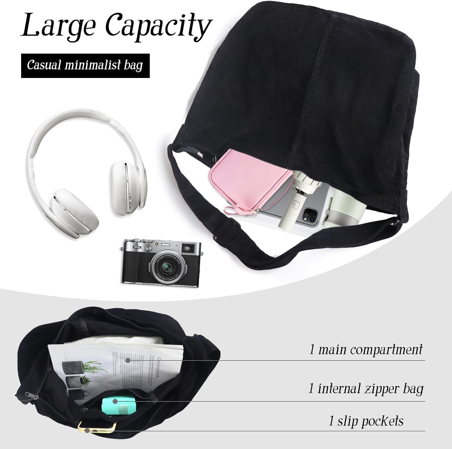 Oerphh Damen -Cord -Tasche, Umhängetasche, Cord -Tasche, Tasche mit Reißverschluss, großer Einkaufsbeutel, lässige Umhängetasche für den täglichen Gebrauch, Schule, Büro, Arbeit, – Bild 4