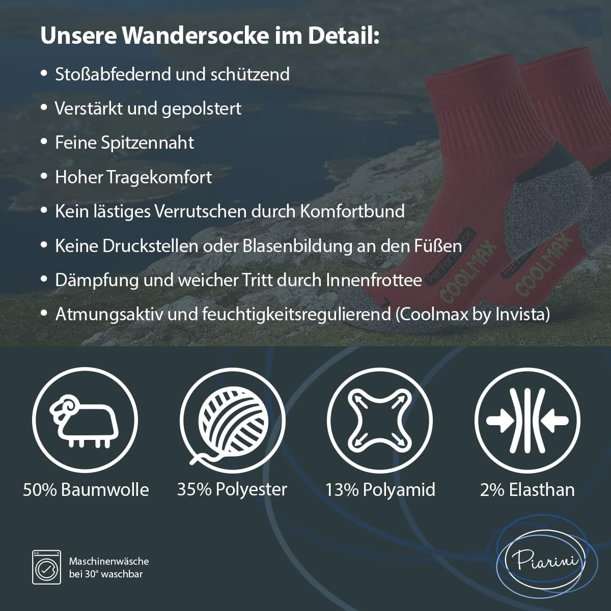 Piarini 2 Paare Coolmax -Outdoor -Socken, funktionelle Socken, kurz, schwarz, anthrazit, blaues Benzin; Größe 35-38, 39-42, 43-46, 47-50. – Bild 6