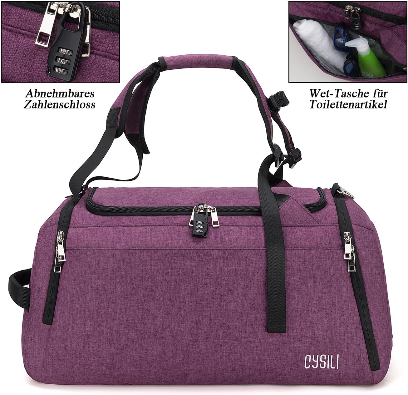 Sportbeutel mit Schuhfach und feuchtem Fach, 42L wasserdichtes Fitnessbeutel für Männer und Frauen, langlebiger Reisetasche mit Schultergurt und Kombinationsschloss – Bild 3