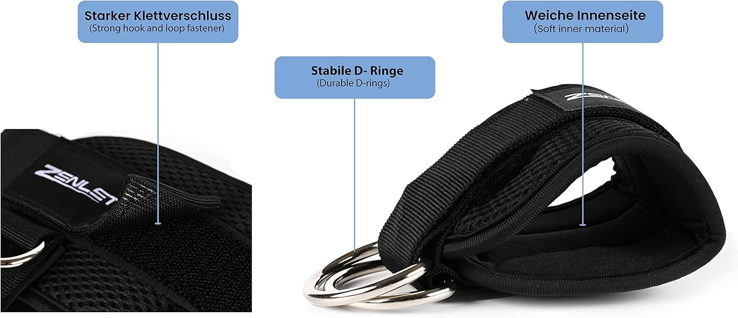 zenlete 2 Stück Fußschlaufen Kabelzug 5 D-Ringen und extra Band verstellbar für Frauen und Männer - Ankle Straps für Fitness Training Kickbacks – Bild 8